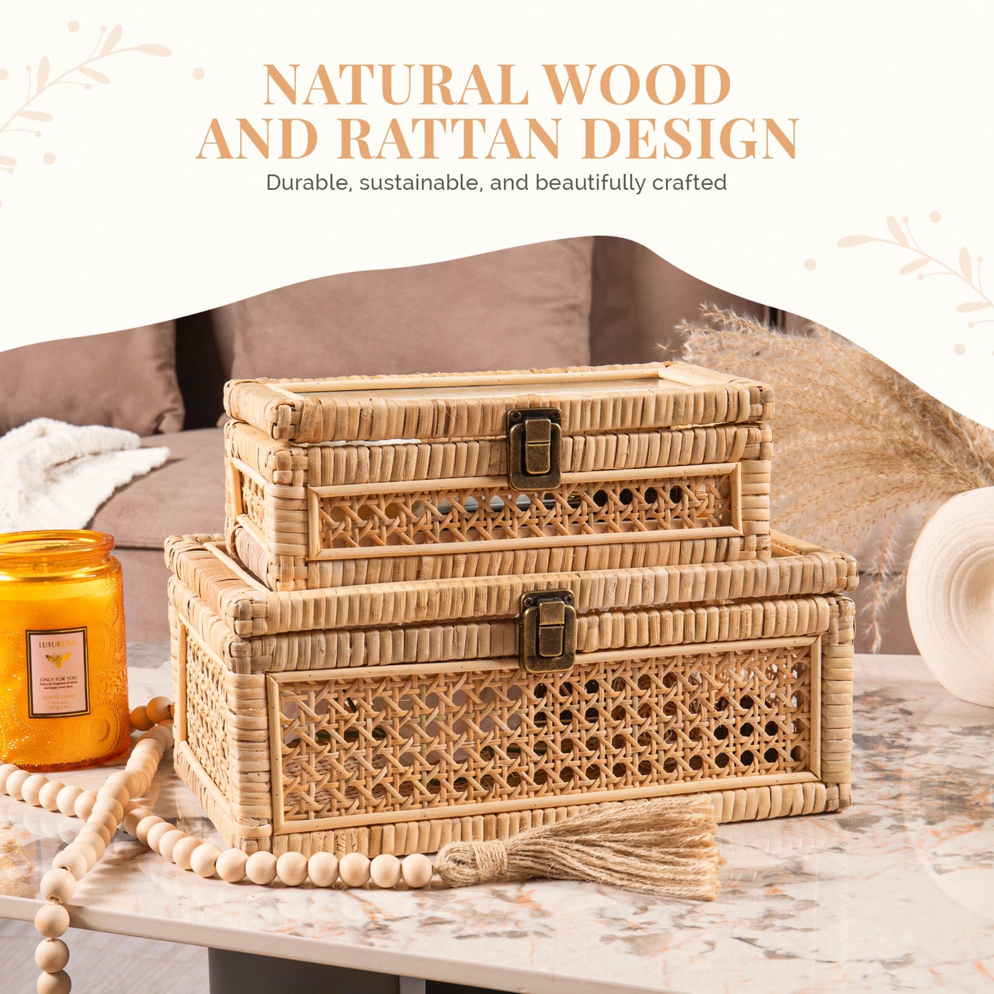 Rattan Display Boxes with Glass Lids - Rectangular Decorative Storage Box for Shelf - Set of 2 Woven Wicker Boho Cane Decor Organizers - 2 Removable Rattan Storage Trays