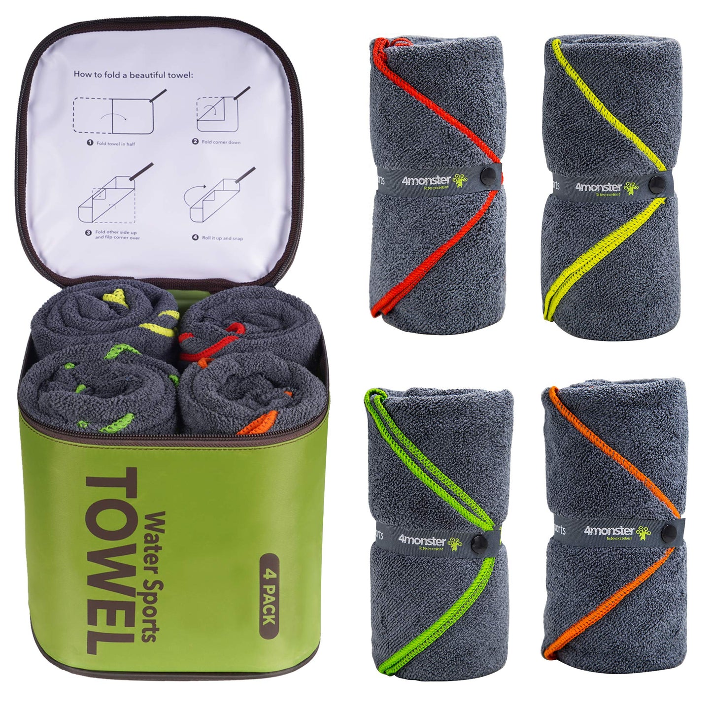 4Monster 4 Pack Microfiber Camping Towel Quick Dry, Super Absorbent Travel Towel with Waterproof Bag, Lightweight Boat Towel for RV, Sport, Gym, Beach, Pool, Swim,Family Trip