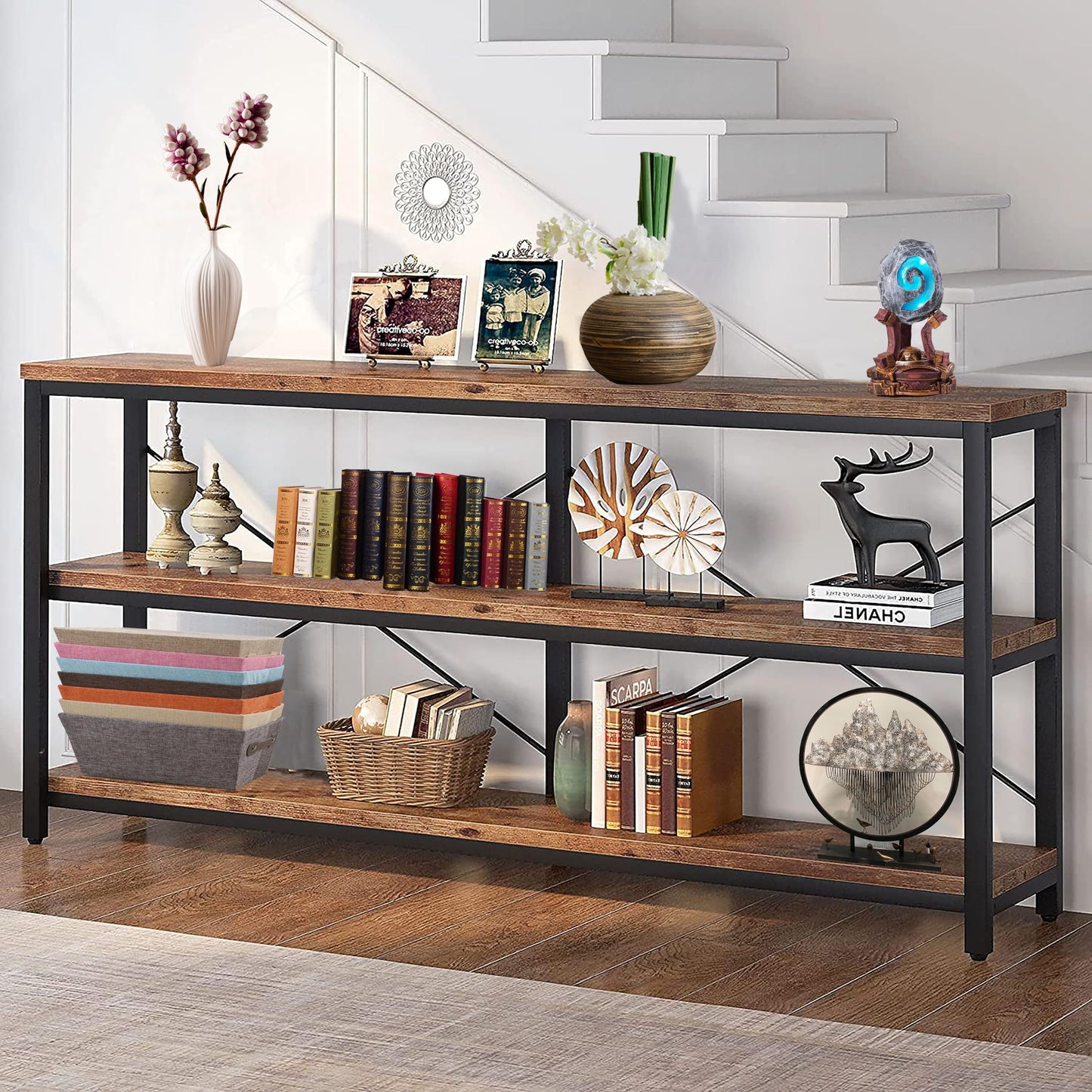 Vagaconl 71inch Sofa Tables Extra Long Couch Table, Narrow Long Console Table, Entryway Table,Sofa Table with 3 Tiers Storage Shelves (Rustic Brown)