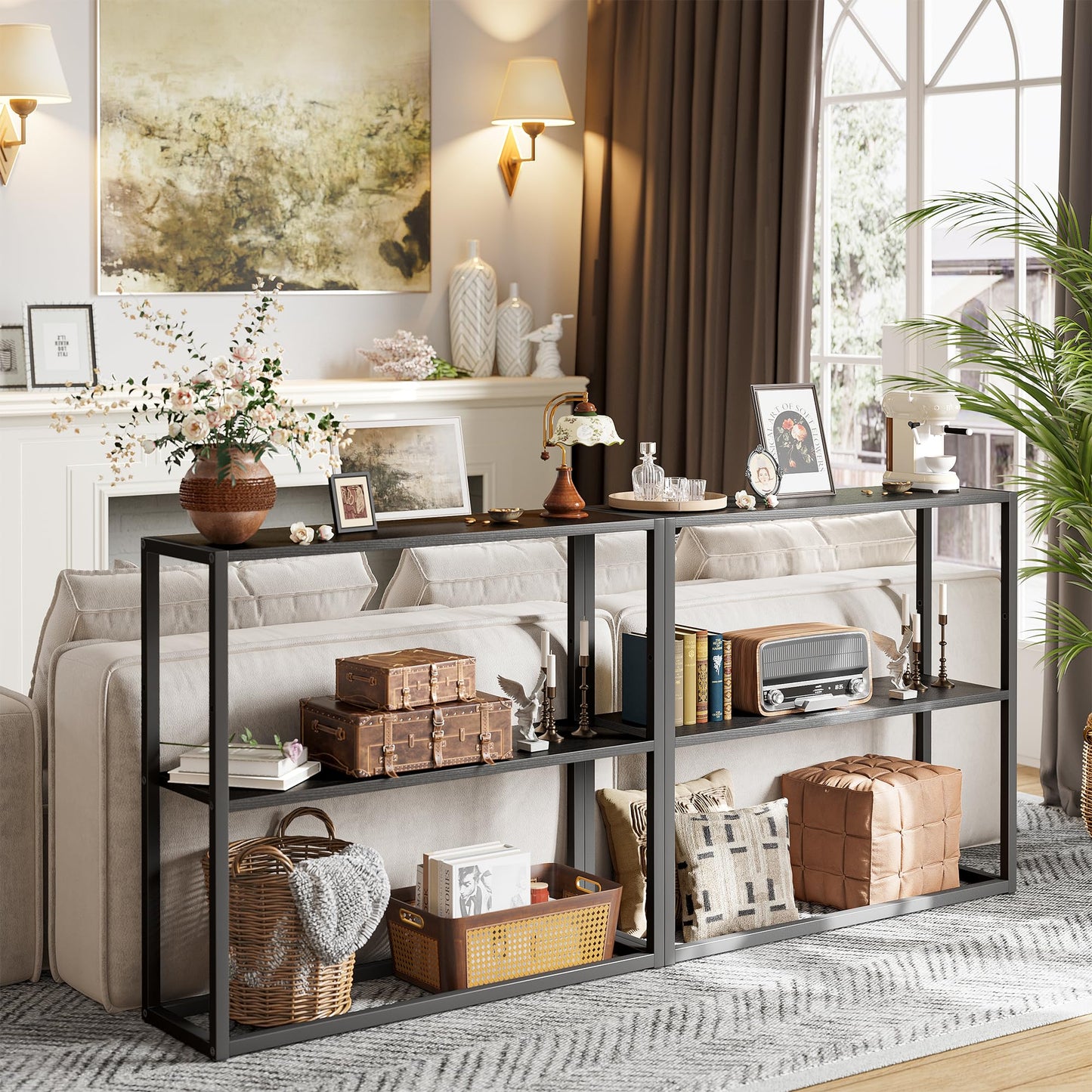 TIQLAB Small Entryway Table, 29.5" Narrow Console Table with Shelves, Sofa Table, Couch Table, Side Table, Entry Table for Hallway, Living Room, Small Space, Black
