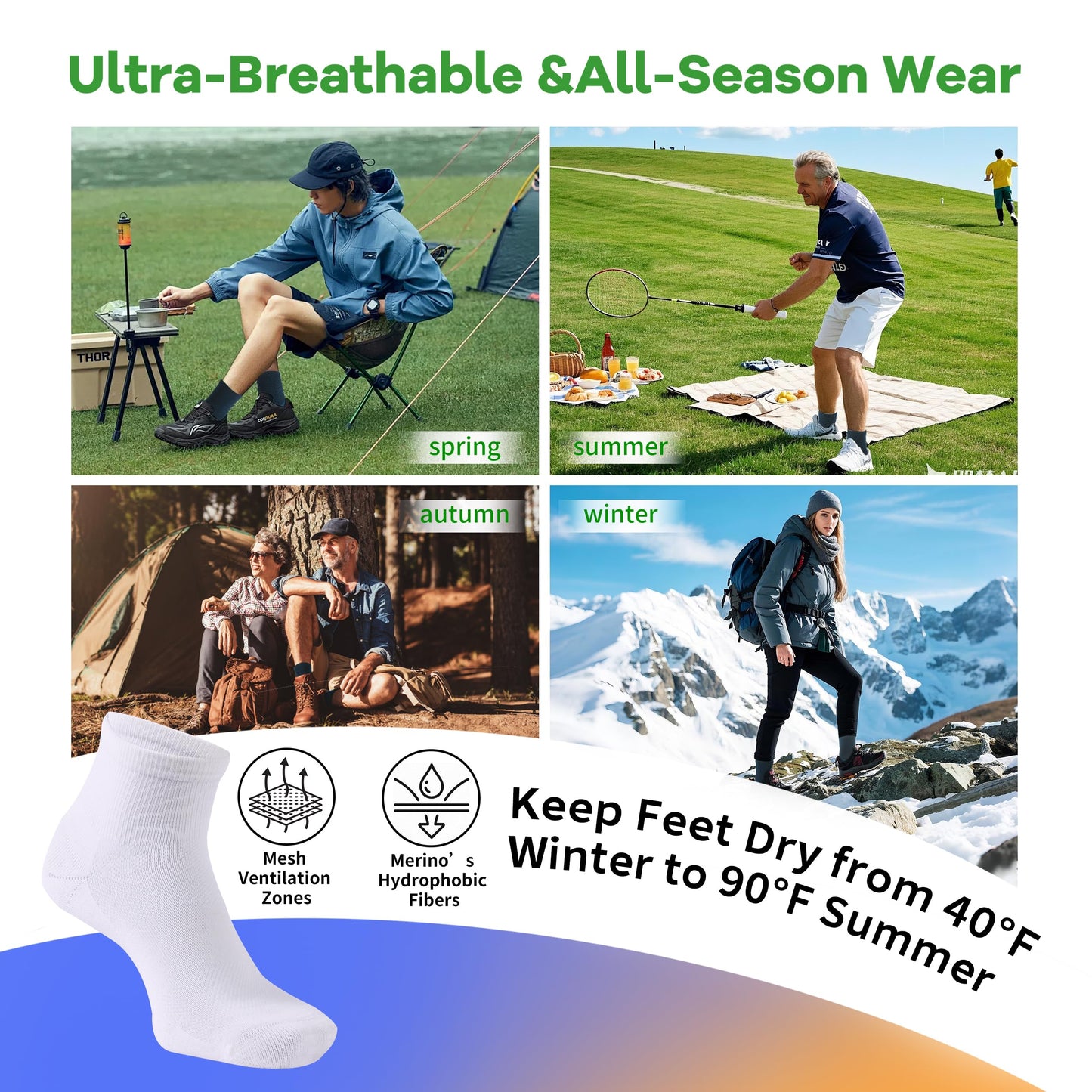 RZTT 90% Merino Wool Socks for Men and Women Athletic Ankle Socks with Arch Support Breathable Ultra Soft 3 Packs for All day Comfort,Large,White