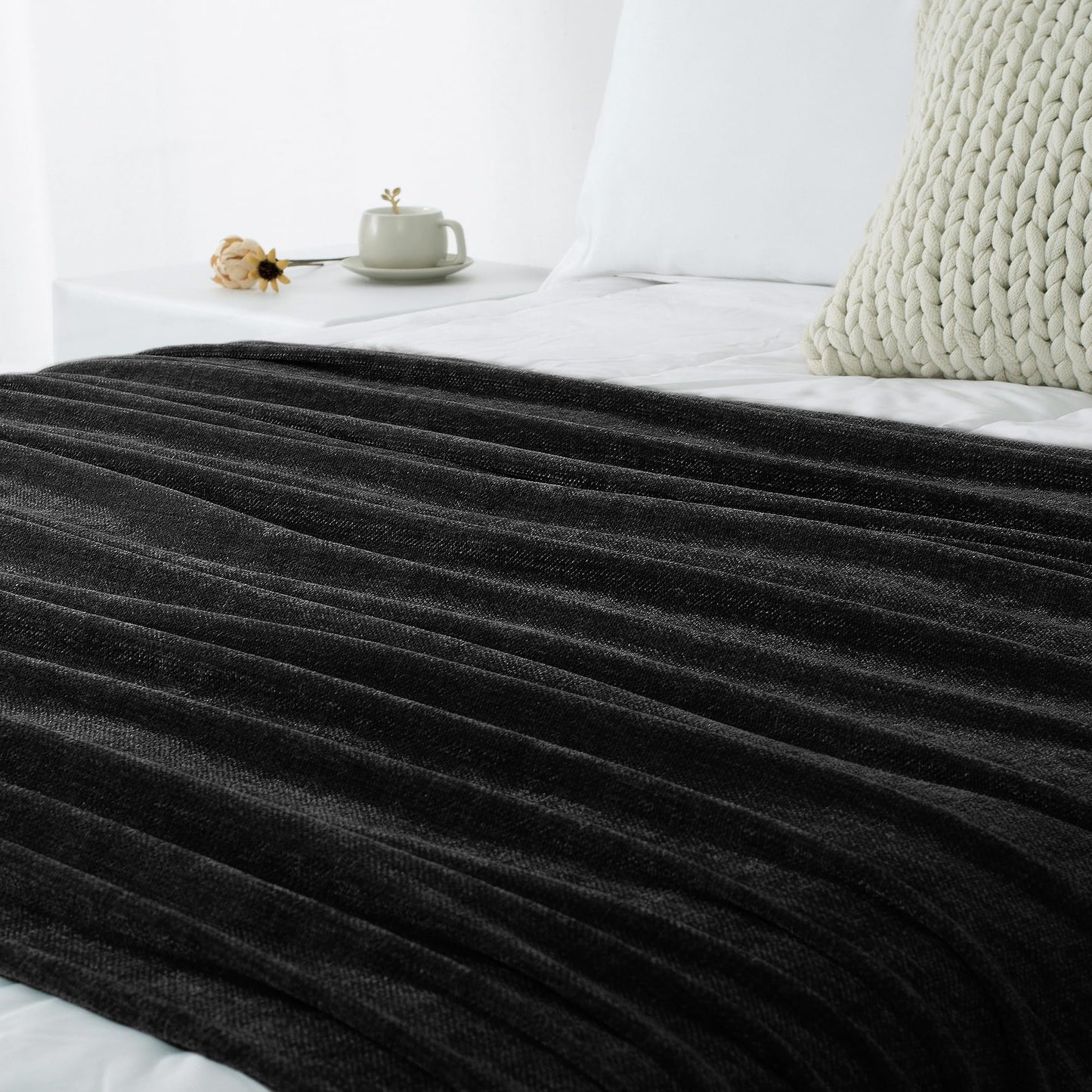 LONG CREATE Chenille Throw Blanket for Couch 50"X 60", Soft Cozy Throws with Fringe Tassel for Bed Sofa Chair Cover, Lightweight Knitted Decorative Boho Blankets for Living Room, Black