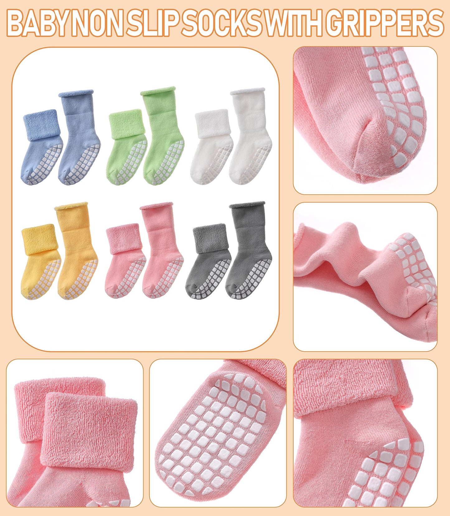 LANLEO Baby Girls Boys Non Slip Socks with Grips Toddler Kids Unisex Warm Thick Cotton Ankle Crew Socks with Grippers 6 Pairs Color A,1-3 Year Old