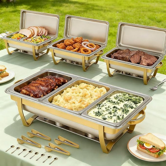 4 Pack Stainless Steel Chafing Dishes for Buffet, 9 QT Capacity 7 Pans Food Warmers for Parties, Weddings, Events Hosting, Family Gatherings, Full Set Catering Server with Serving Utensils Accessories