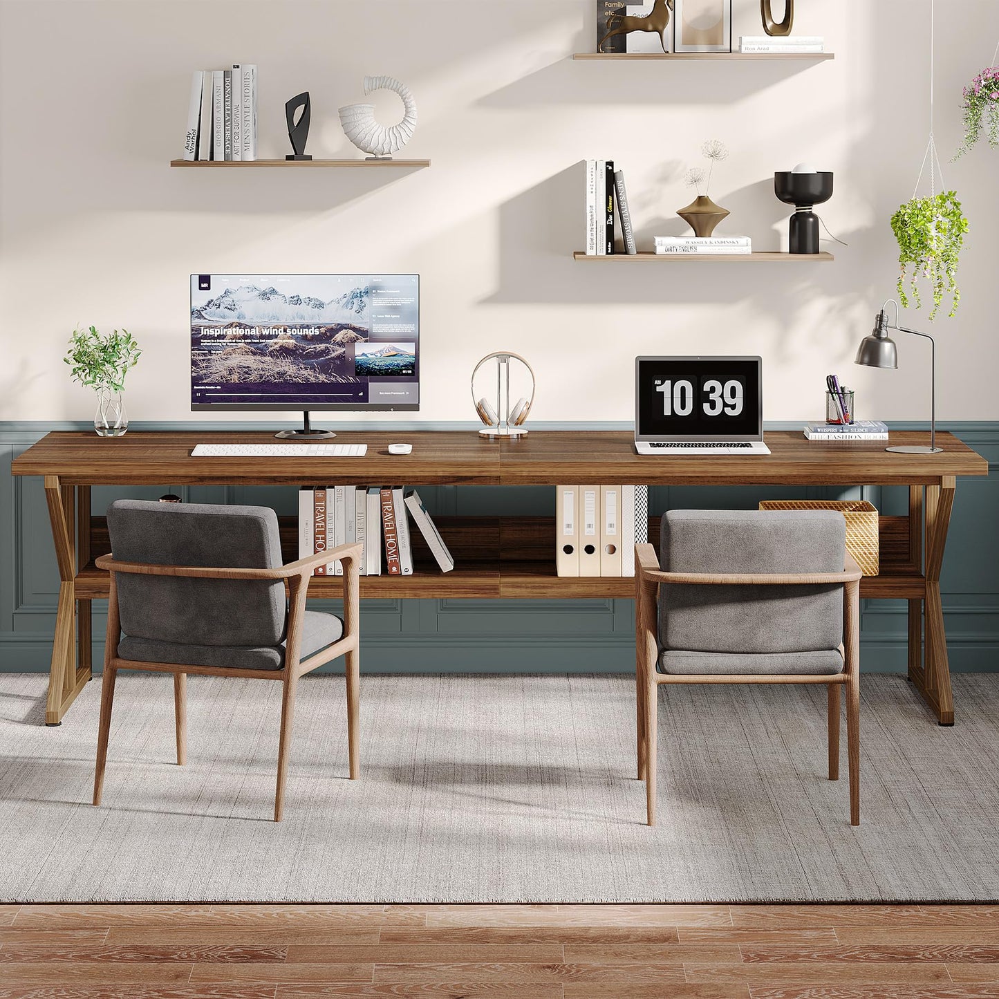 Tribesigns 79-Inch Extra Long Desk, Two Person Desk with Storage Shelf, Large Writing Table for Home Office, Rustic Brown