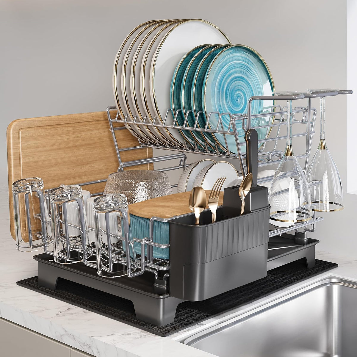BOOSINY 2 Tier Grey Large Stainless Steel Dish Drainers Drying Rack for Kitchen Counter with Drainboard, Rust Proof Metal, Space Saving, Modern Aesthetic, Compact Plates Strainers with Extra Mat