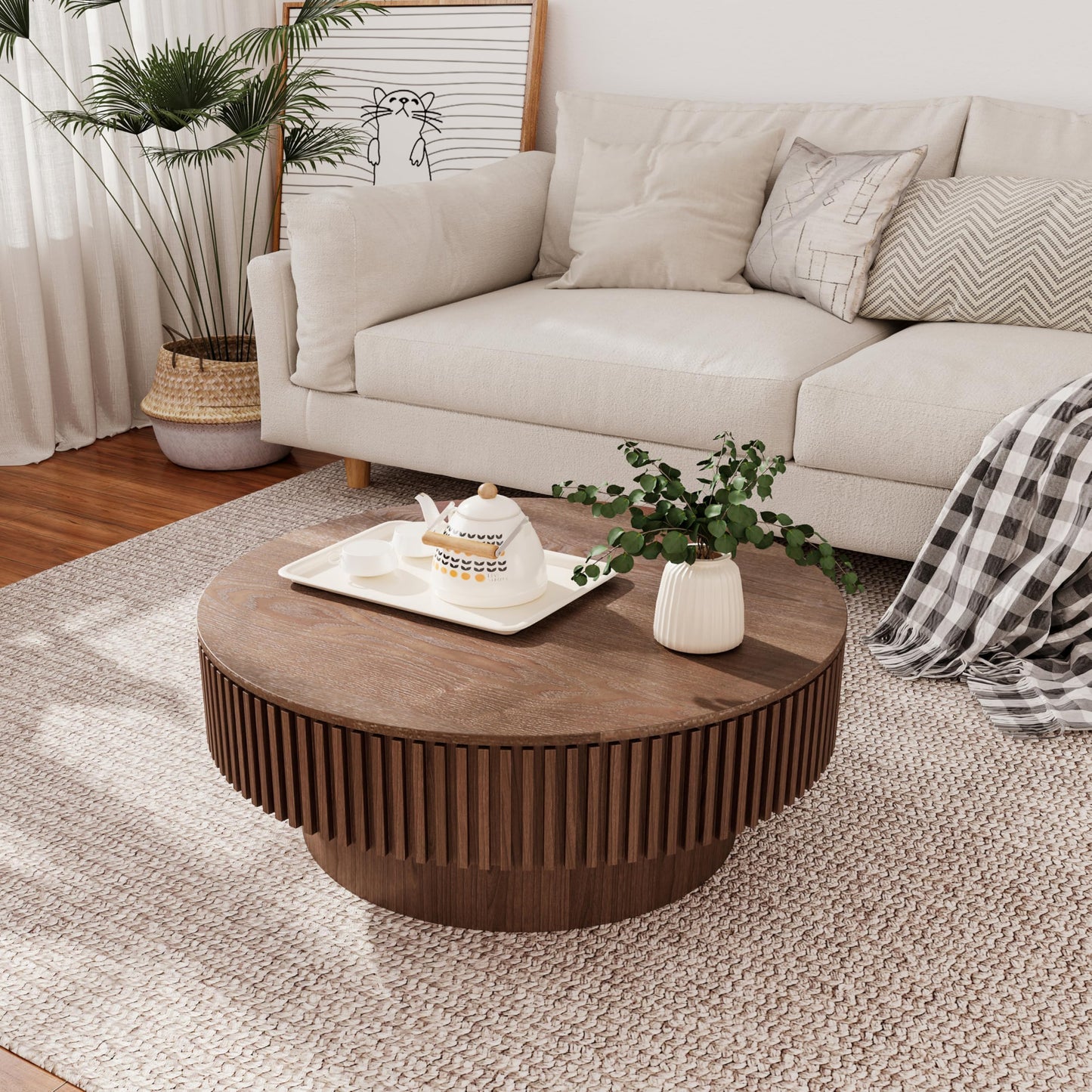 BSYEIO 31.5'' Round Coffee Table with Storage, Modern Luxury Circle Drum Center Tables with Solid Wood Veneered, Accent Side Coffee Table for Living Room, Bedroom, Apartment-Walnut