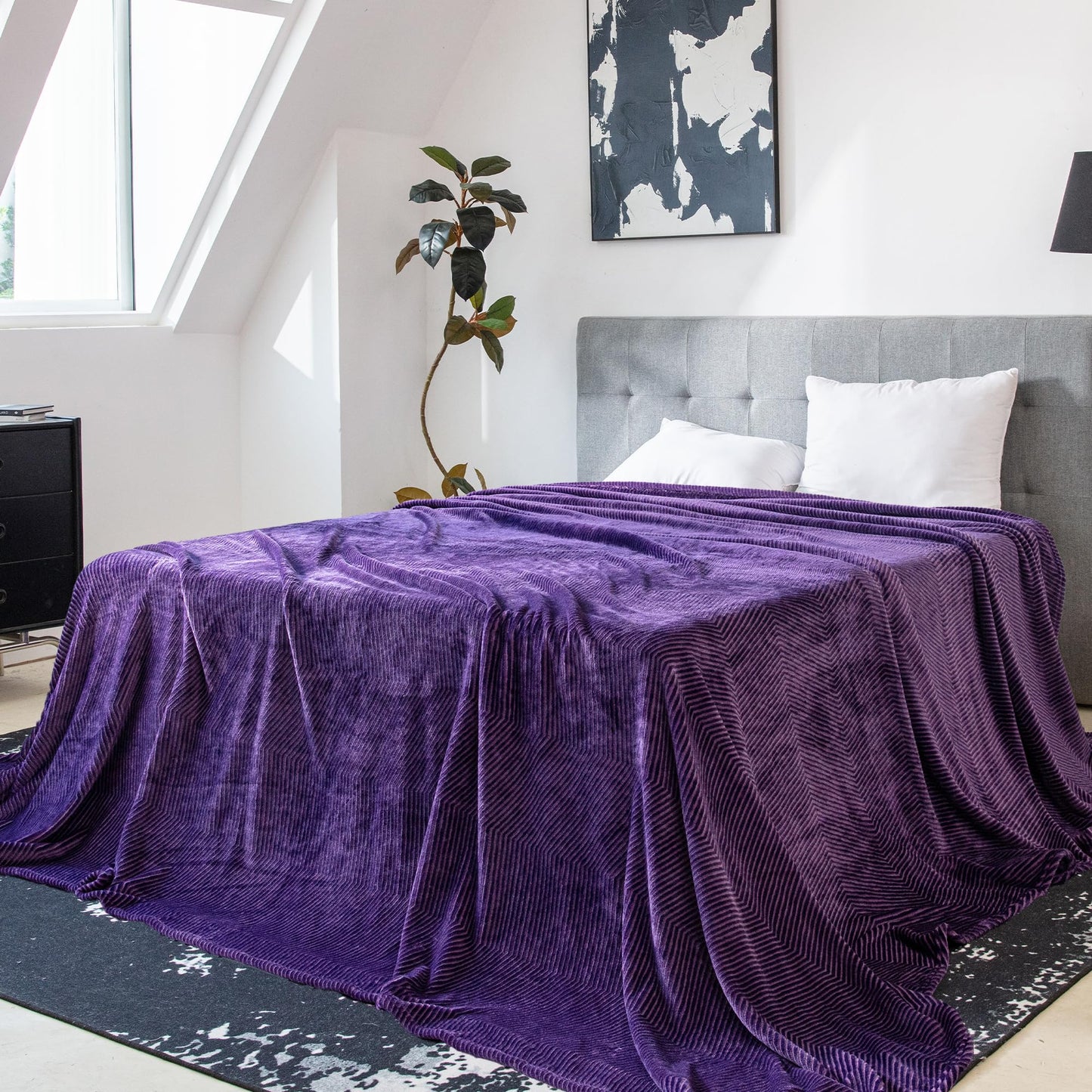 Oversized King Fleece Blanket 120x120 Inches, Seamless Soft Cozy 3D Jacquard Flannel Blanket 10'x10' Extra Large for Bed, Sofa, Couch, Travel & Camping, California King Throw, Purple - Wave