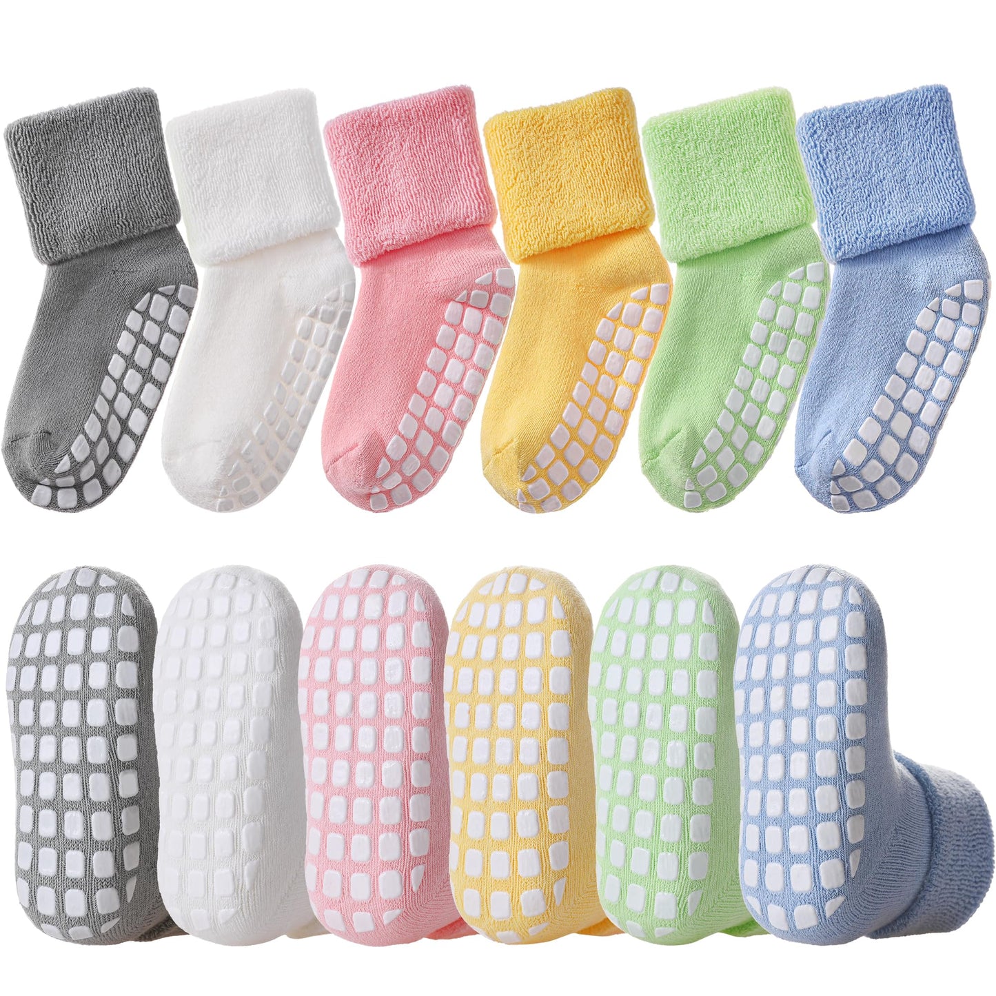 LANLEO Baby Girls Boys Non Slip Socks with Grips Toddler Kids Unisex Warm Thick Cotton Ankle Crew Socks with Grippers 6 Pairs Color A,1-3 Year Old