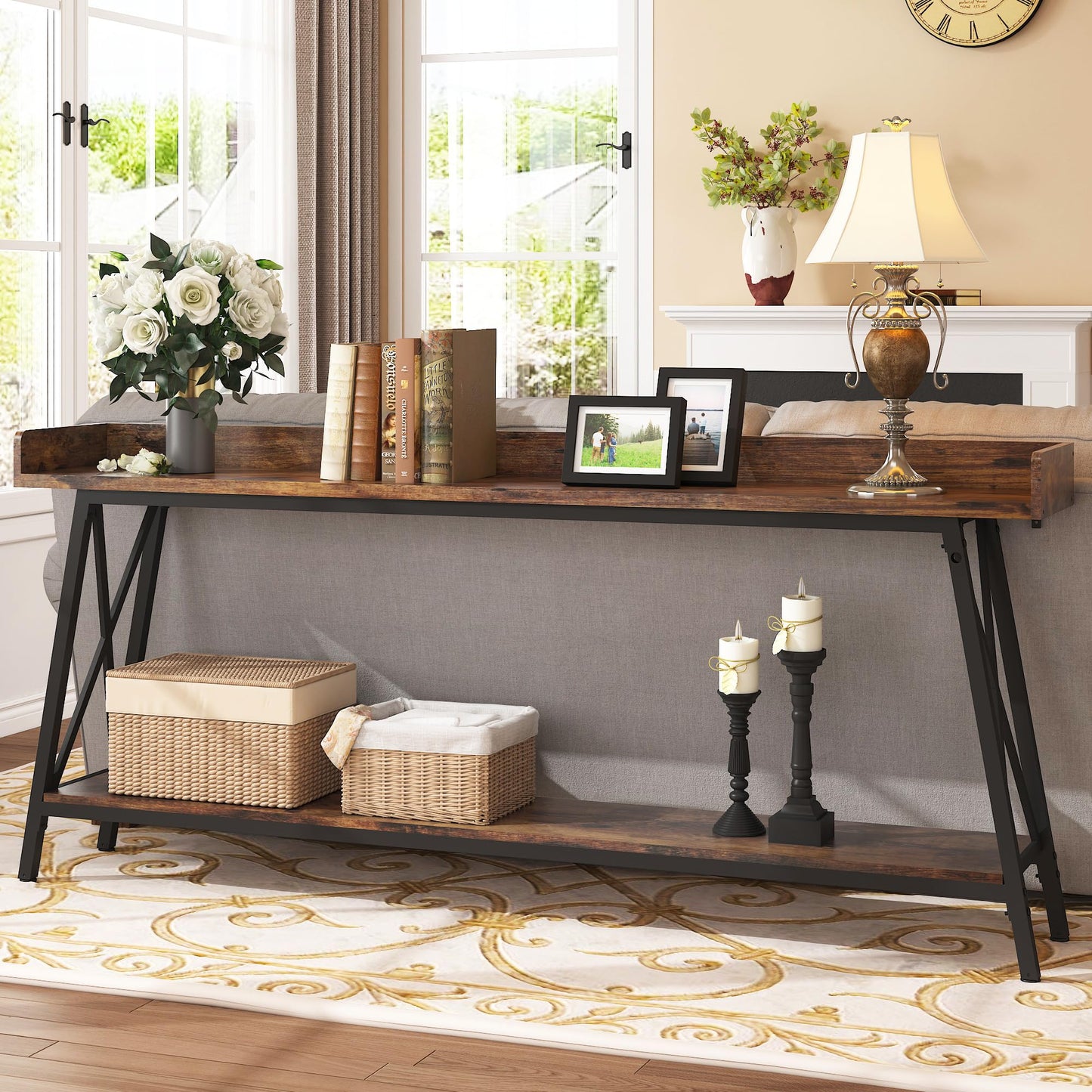 QNICE 70.9-Inch Console Table for Entryway, Farmhouse 2-Tier Entry Entrance Table, Narrow Long Sofa Table Behind Couch for Living Room & Hallway Rustic Brown