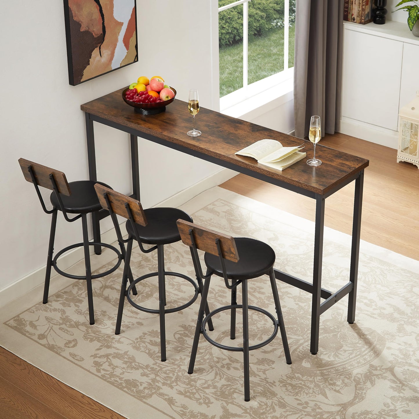 Tmsan 63" L Bar Table and Chairs Set for 3, 4 Piece Long Rectangle Pub Bistro Dining Table Set with 3 PU Upholstered Bar Stools, Counter Height for Kitchen Restaurant