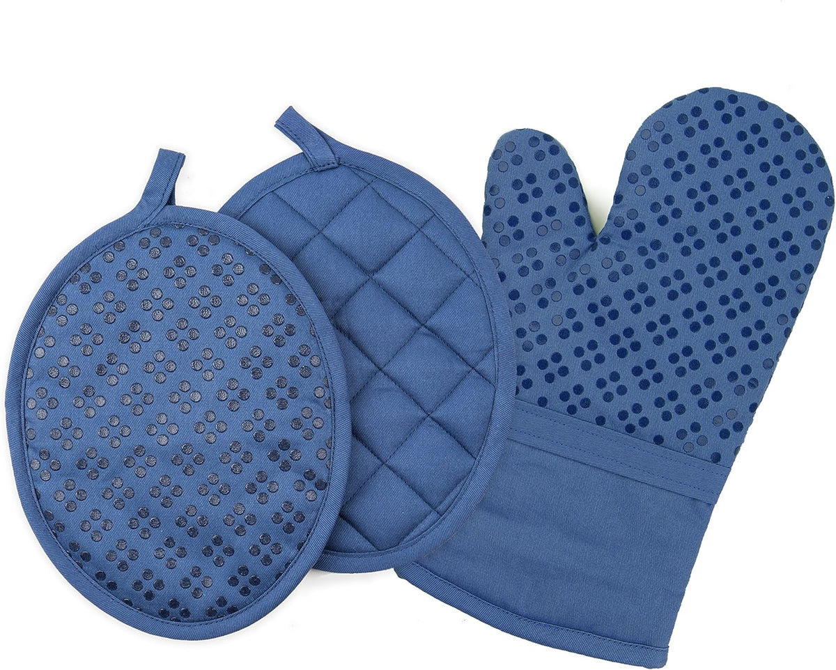 Sticky Toffee Oven Mitt and Pot Holder Set of 3 – Dark Blue Non-Slip Silicone Kitchen Hot Pads and Mitts, 100% Cotton Shell, Oeko-Tex Cotton