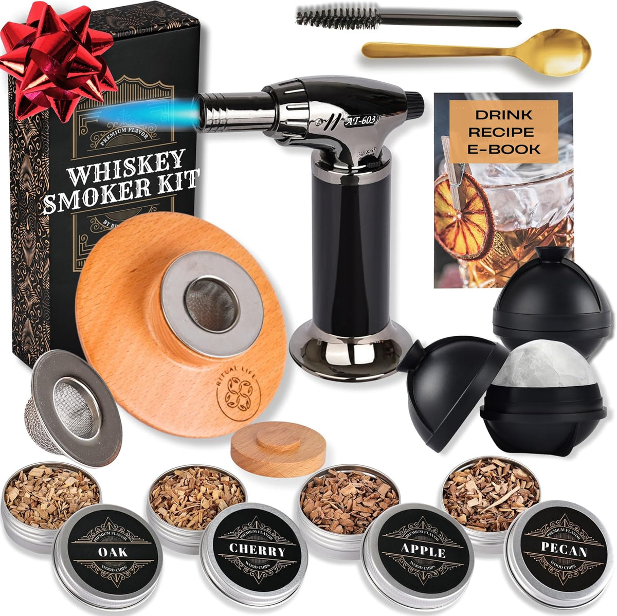 Cocktail Smoker Kit - Whiskey Bourbon Drink Smoker with Torch, Custom Top, 2 Ice Ball Makers, 4 Flavors Wood Chips - Smokers for Whiskey Drinks - Cocktail Drink Smoking Kit - Unique Gifts for Him