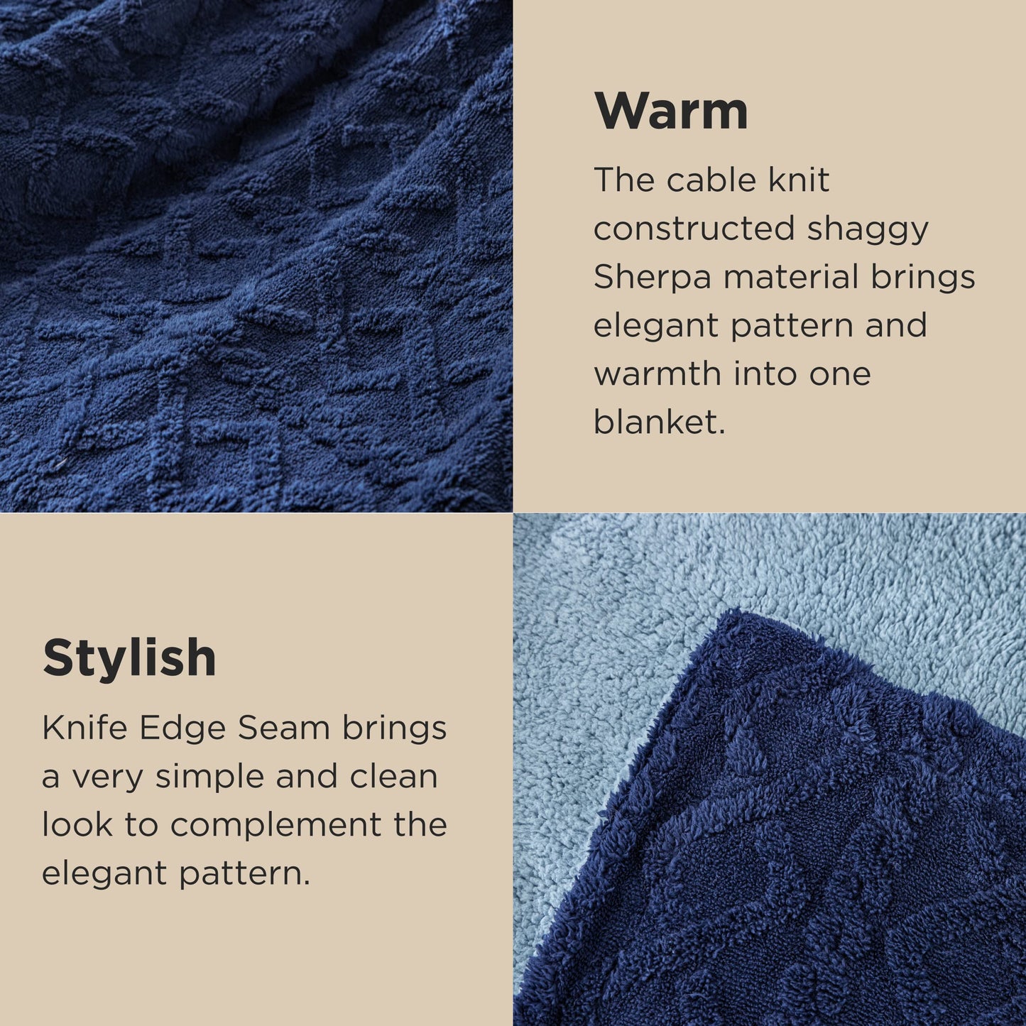 Bedsure Sherpa King Size Blanket for Bed- Fleece Soft Cozy Fuzzy Cable Blankets for Women, Thick Warm for Winter and All Seasons, Navy, 108x90 Inches
