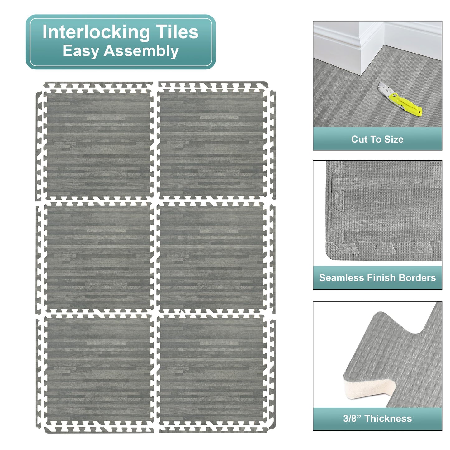 Sorbus 96 Sq. Ft. Wood Grain Floor Tiles Foam Mat EVA Interlocking Mats Tile 3/8-Inch Thick Flooring Wood Puzzle Exercise Mats w/Borders - Home Playroom Basement, Apartment, Trade Show, Baby, Dance