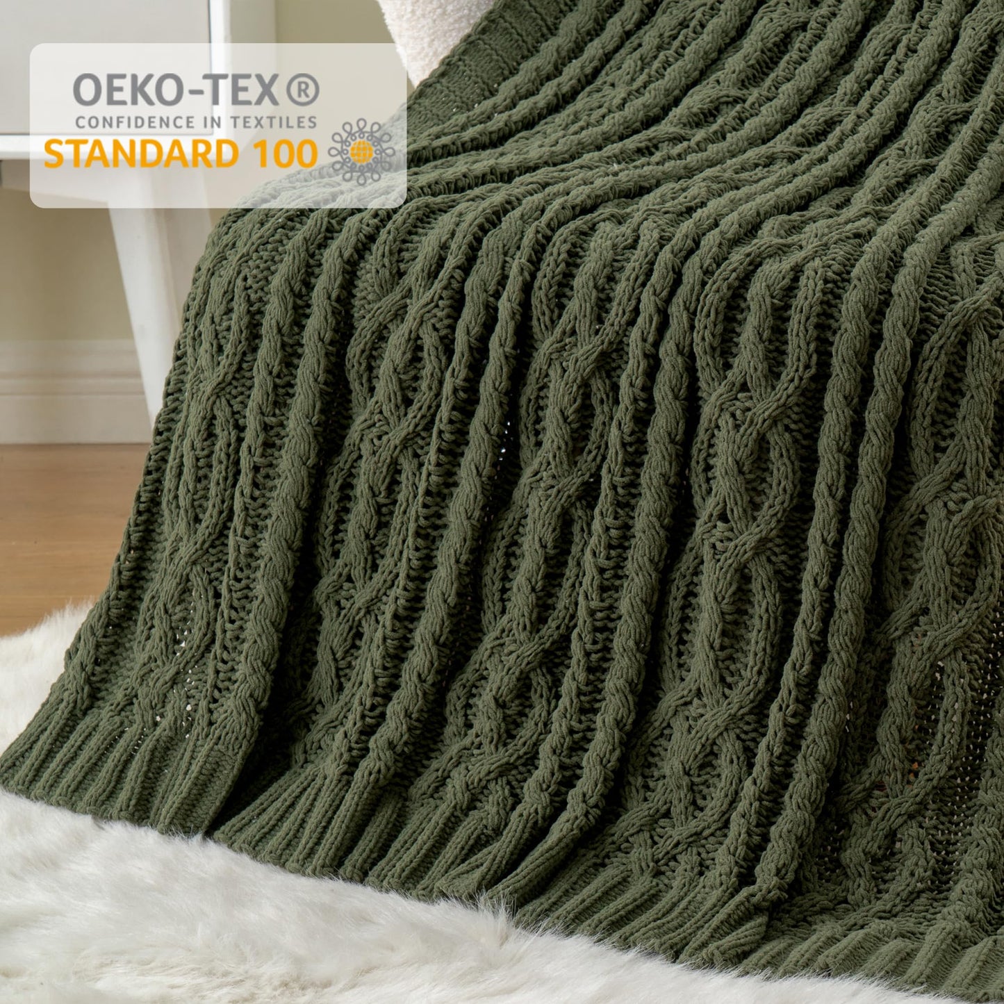 Battilo Olive Green Knit Throw Blanket for Couch, Woven Chenille Throw Blankets for Living Room, Sofa, Soft Chunky Knit Blanket, Decorative Couch Blanket, 51"x67"