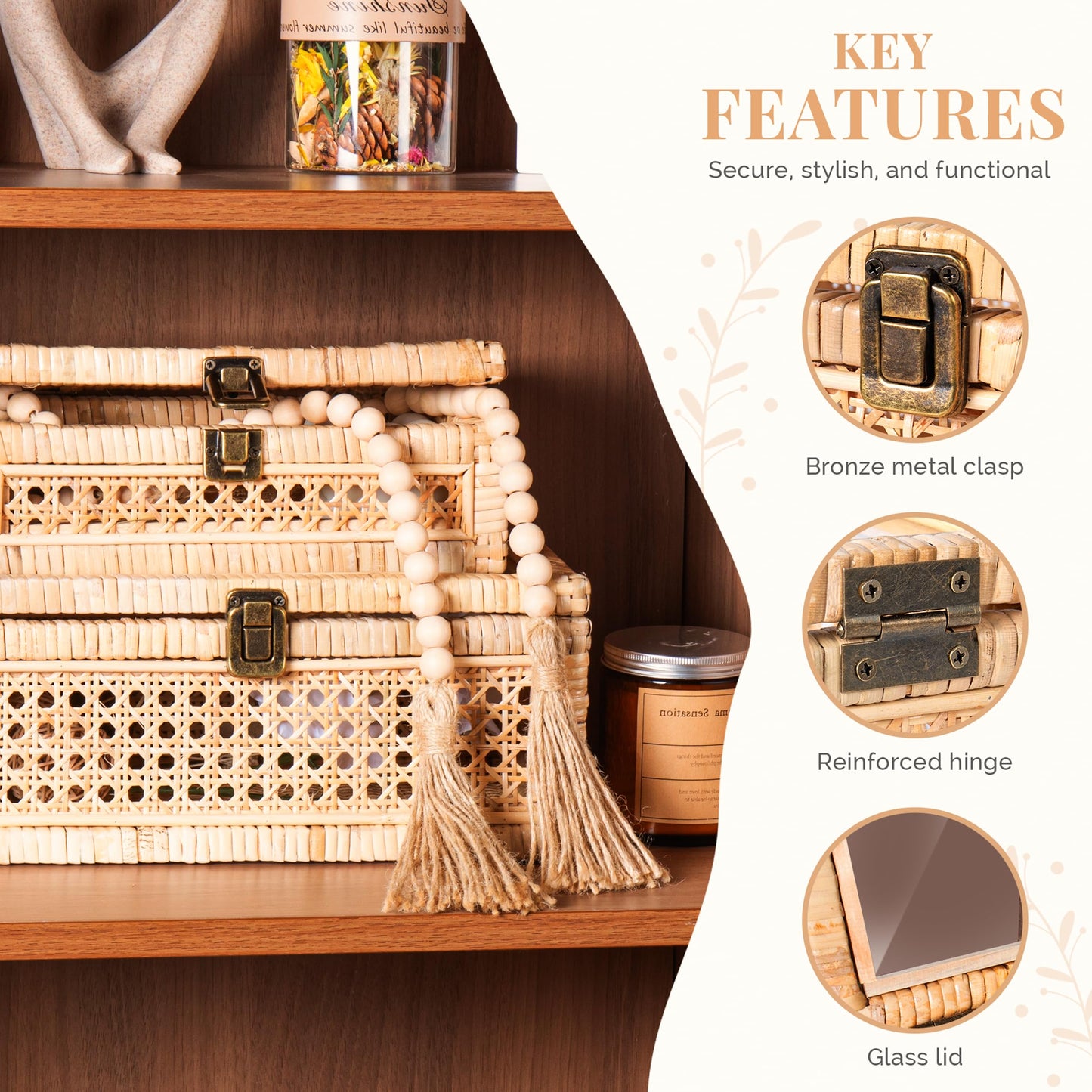 Rattan Display Boxes with Glass Lids - Rectangular Decorative Storage Box for Shelf - Set of 2 Woven Wicker Boho Cane Decor Organizers - 2 Removable Rattan Storage Trays