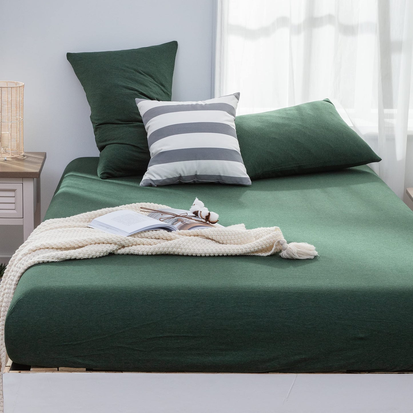 LIFETOWN 100% Jersey Knit Cotton Sheet, Extra Deep Pocket, 1 Fitted Sheet with 2 Pillowcases, Wrinkle-Free Ultra Soft (Heathered Dark Green, King)