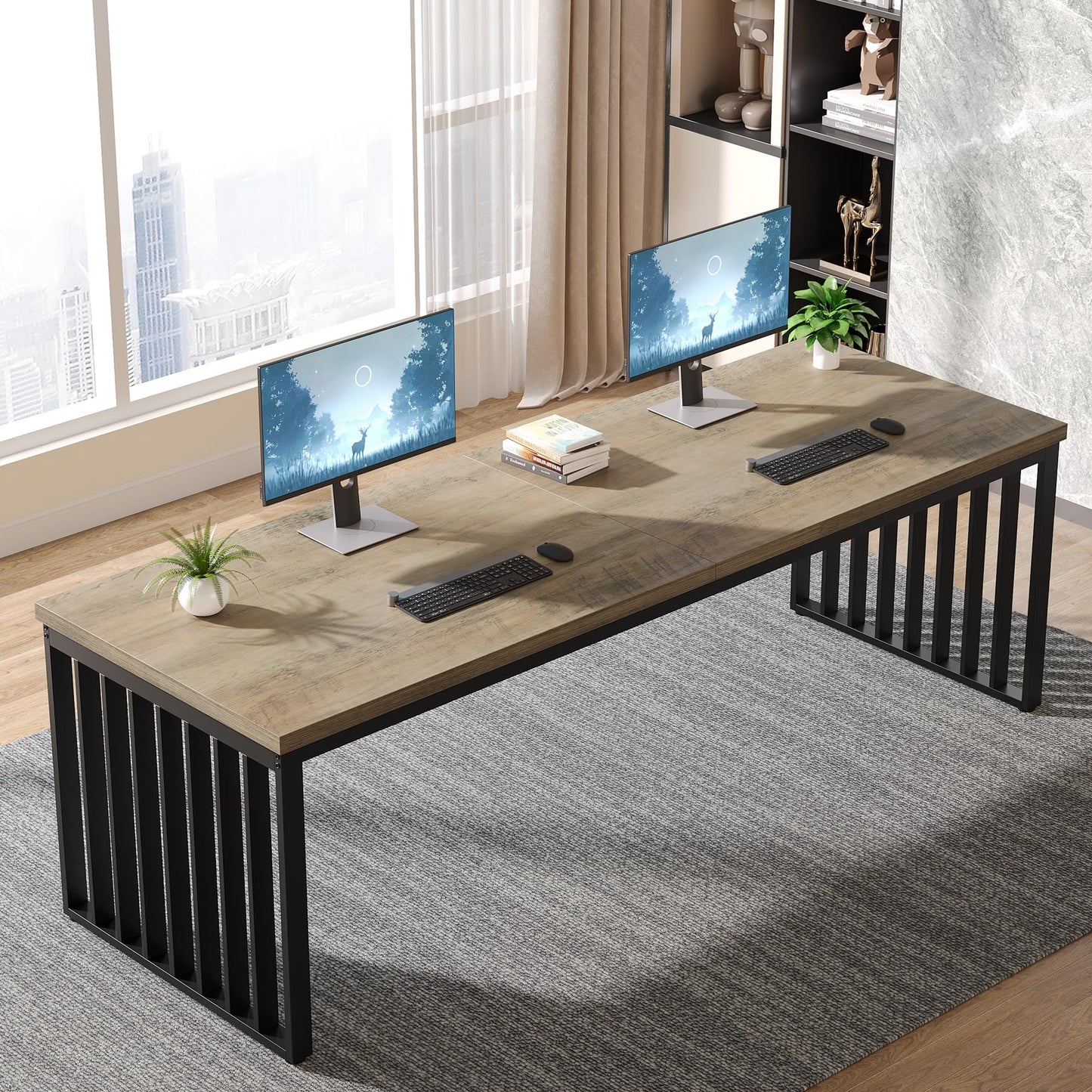 Tribesigns 78.74" Extra Long Computer Desk 2 Person Desk, Double Long Desk with Heavy Duty Metal Frame, Double Workstation Study Table for Home Office, Brown (Without Chair) (Gray & Black)