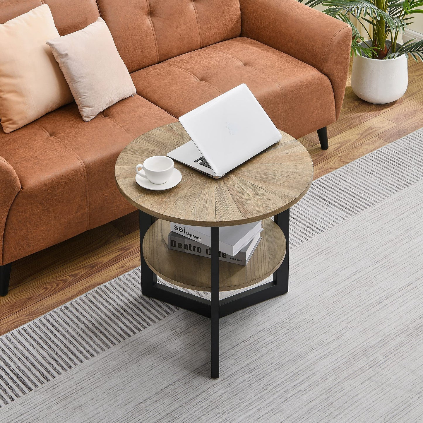 LEEMTORIG Round End Table with Storage, Farmhouse Circle Side Table for Living Room, Solid Wood 2-Tier Nightstand, Natural Wood Tabletop & Black Metal Frame, 25.2" D x 24" H, CJZ-1338