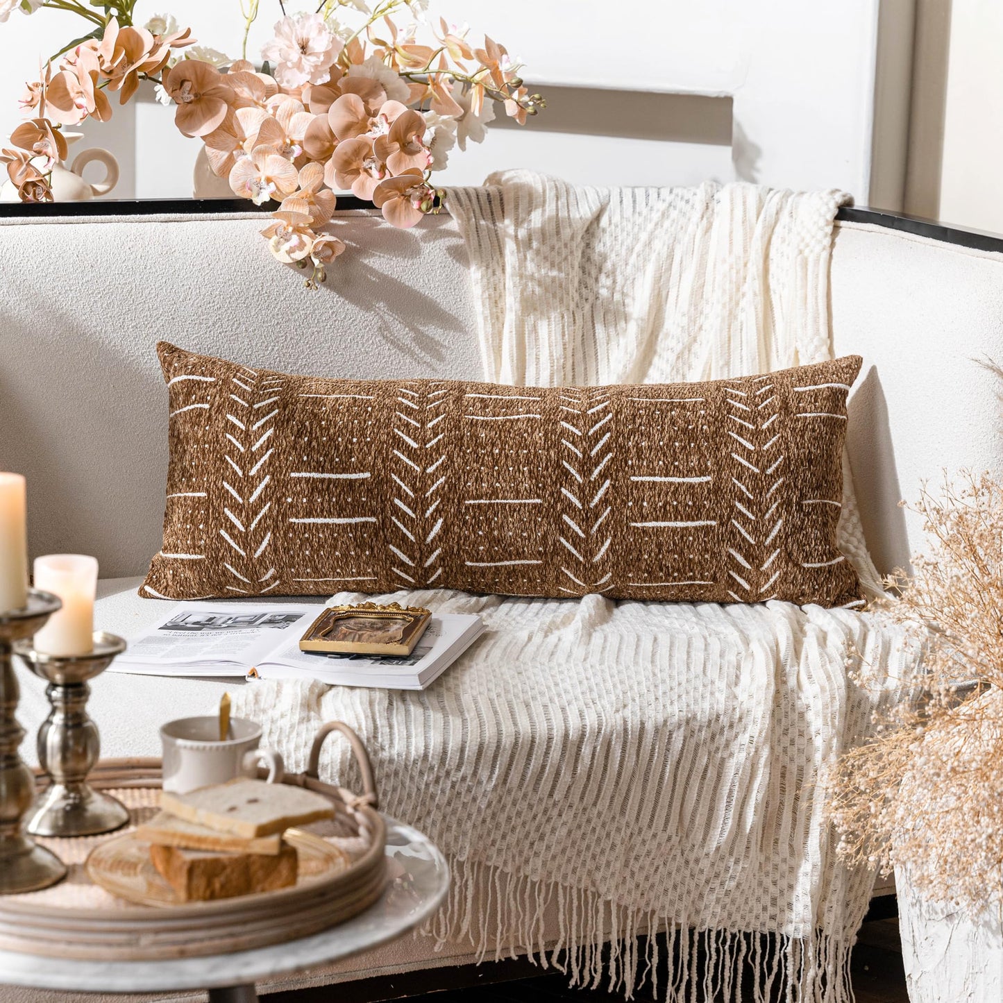 BlissBlush Brown Boho Lumbar Throw Pillow Cover 14X36, Decorative Long Accent Body Lumbar Pillow for Bed, Farmhouse Woven Textured Lumbar Pillowcase for Couch (Cover ONLY)