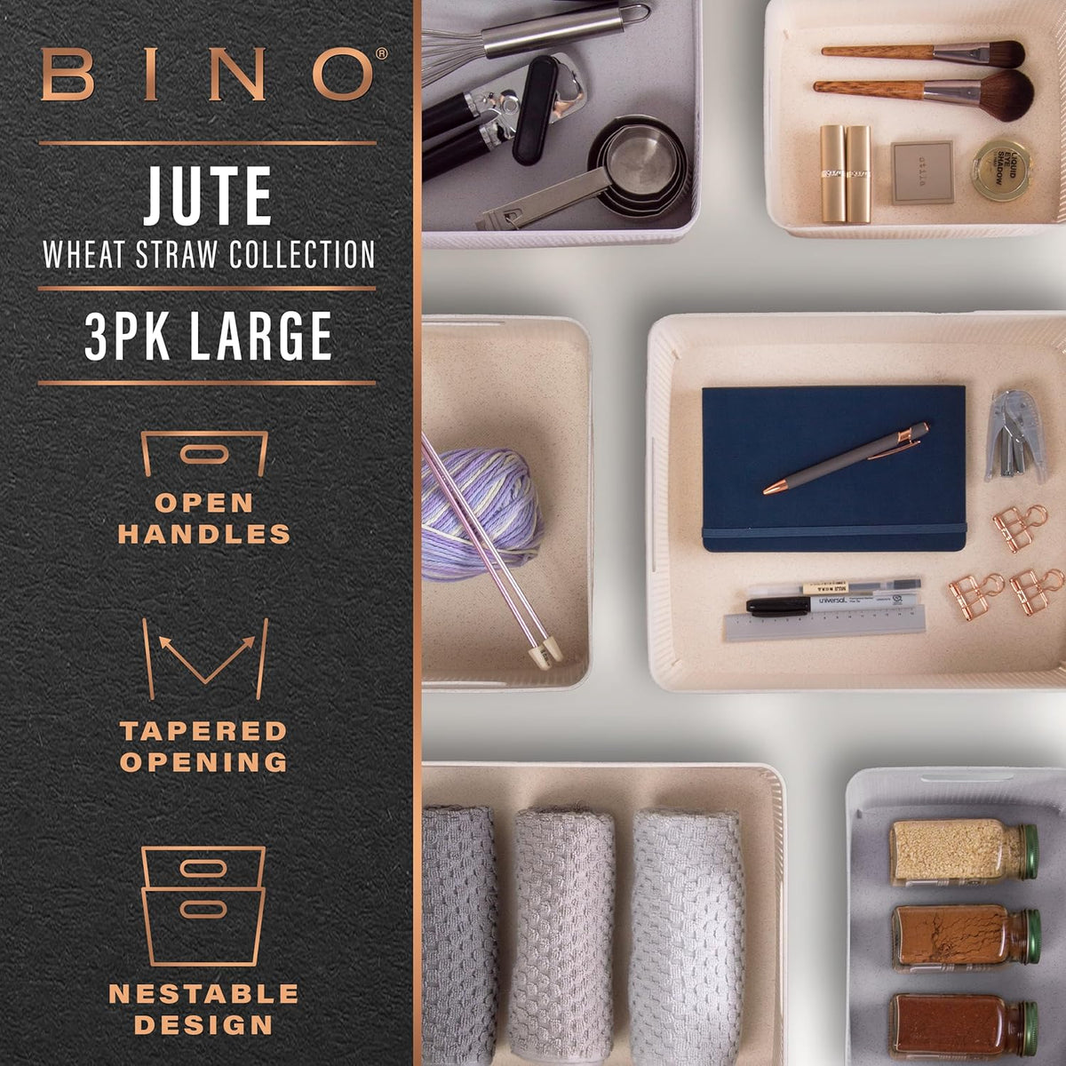 BINO | Woven Plastic Basket | Large (Natural Grey), 3-Pack | THE JUTE COLLECTION | Home Organization, Space - Saving Storage, Stylish Design | Jute Basket | Plastic Storage Basket