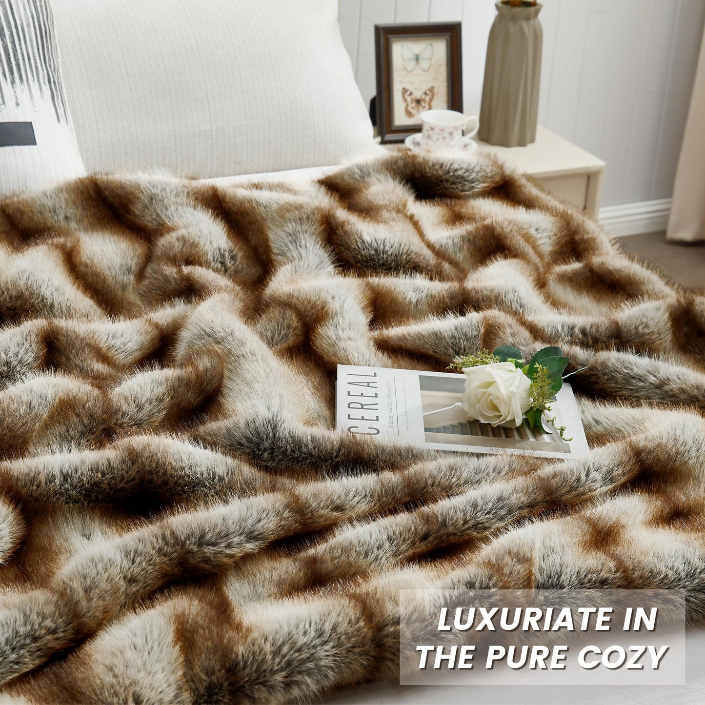 JONIYEAR High-end Long Pile Fluffy Faux Bear Fur Throw Blanket 50" x 60",Luxury Soft Double Sided Cozy Accent Wolf Fuzzy Blanket for Couch Sofa,Warm Animal Skin Furry Blankets for Winter,Reddish Brown