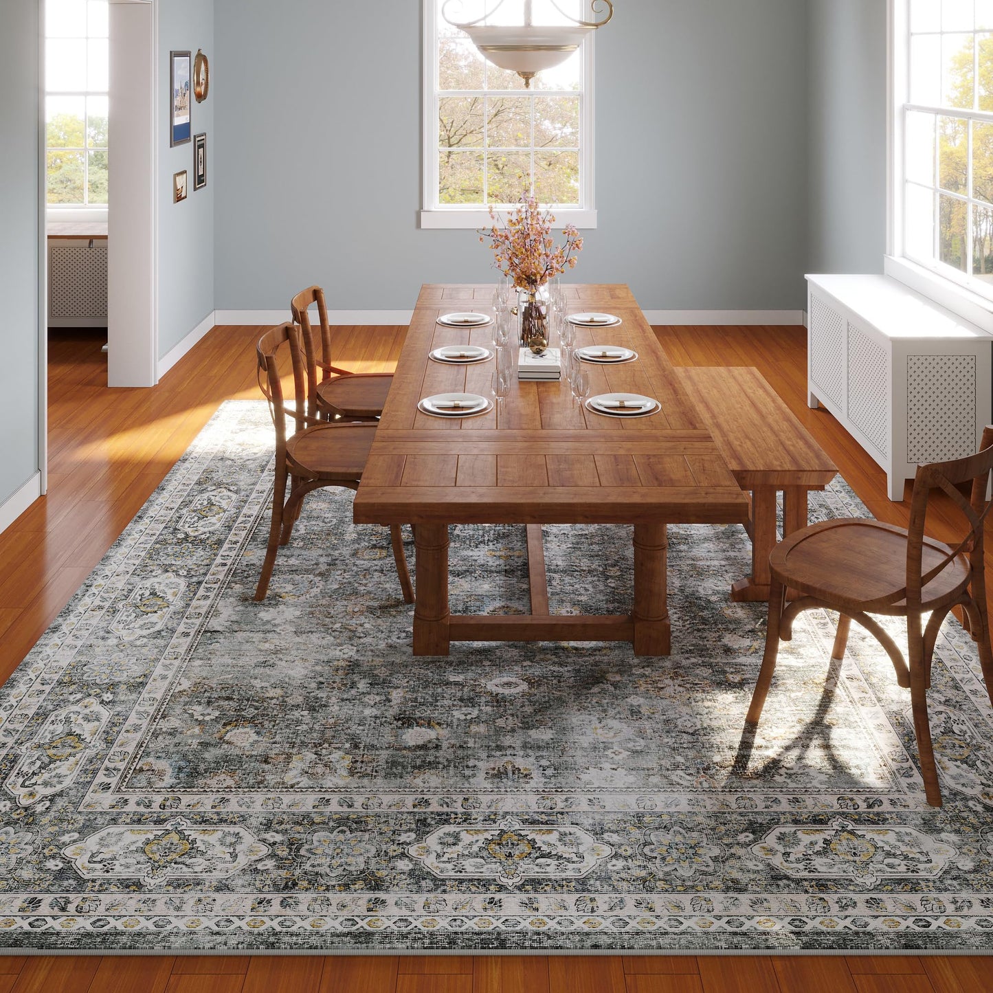 Rugcomf 8x10 Rug Washable Boho Rug Soft Large Area Rug Non-Slip Non-Shedding Faux Wool Vintage Rug for Living Room, Farmhouse, Dining Room, Indoor, Kids Playroom (Grey)
