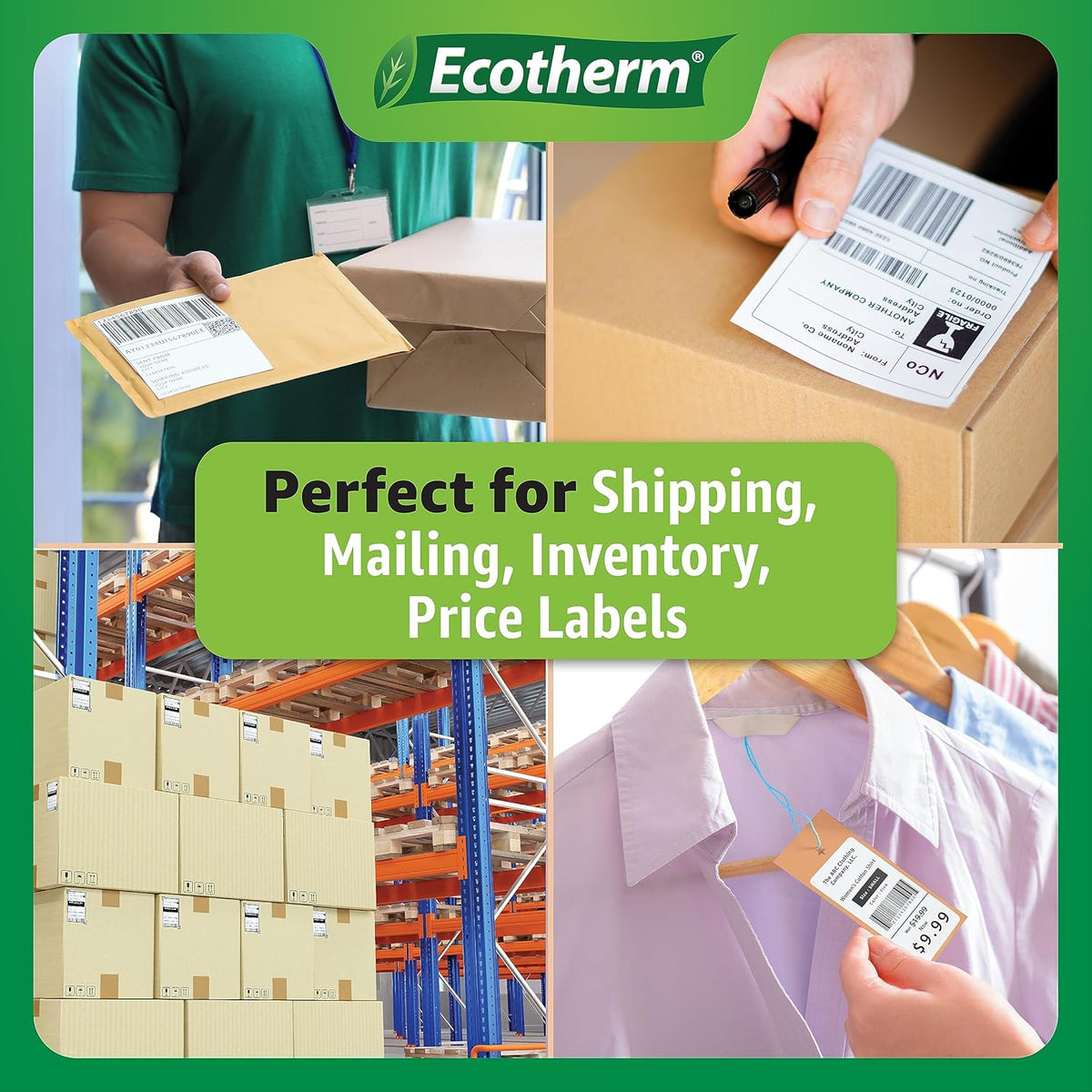 1.2" x .85" Thermal Labels | 4 Rolls | 8800 Labels | fits Zebra, Godex, Arkscan, iDPRT, Offnova Thermal Label Printers and More | Blank White Adhesive Stickers by Ecotherm