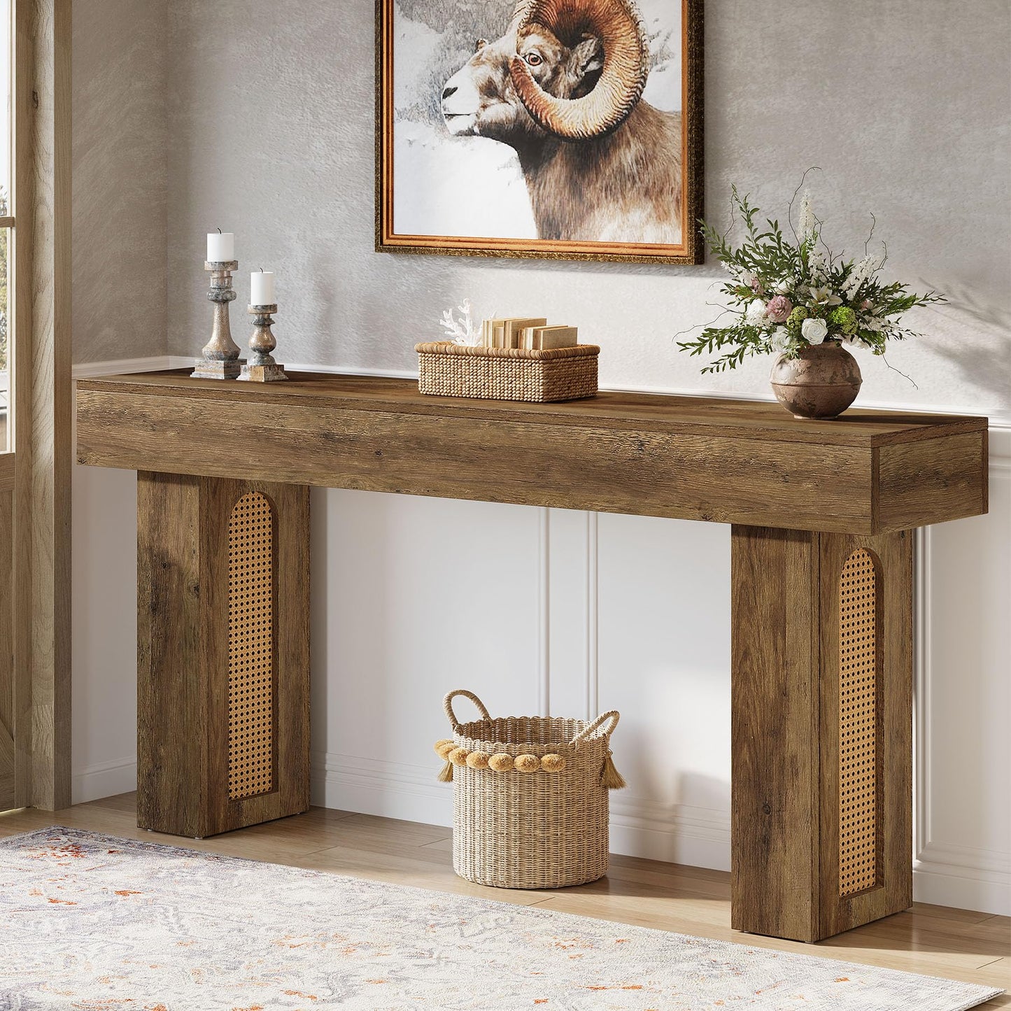 Tribesigns 63" Console Table for Entryway, Rattan Entry Table Behind The Sofa, Farmhouse Accent Console for Hallway, Living Room
