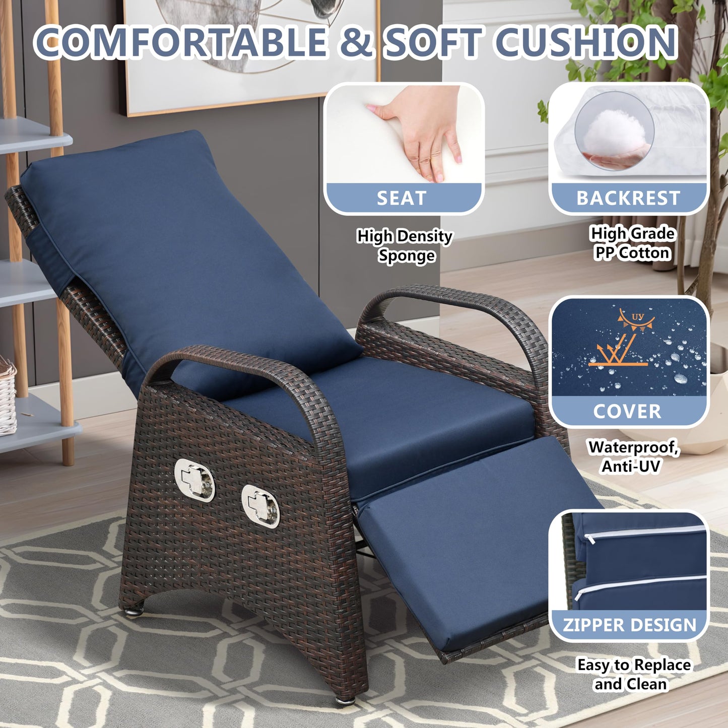 Skypatio Outdoor Wicker Recliner Chair with Side Table, Adjustable Backrest Footrest Patio Recliner Lounge Chair, All-Weather Resin Wicker Reclining Patio Chairs, Navy Blue