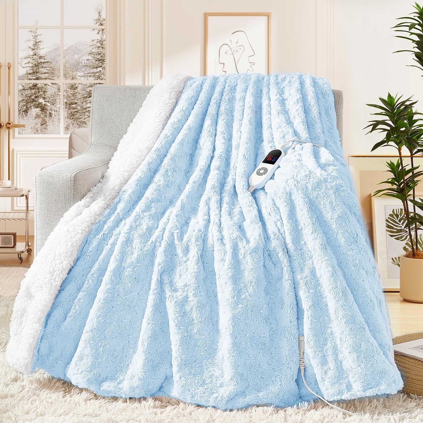 MAXEVE Heated Blanket Electric Throw 50"x60" Faux Rabbit Fur Sherpa Blankets with 6 Heating Sets & 12 Hours Auto Off, Warm Gifts for Grandma Wife, ETL Certification