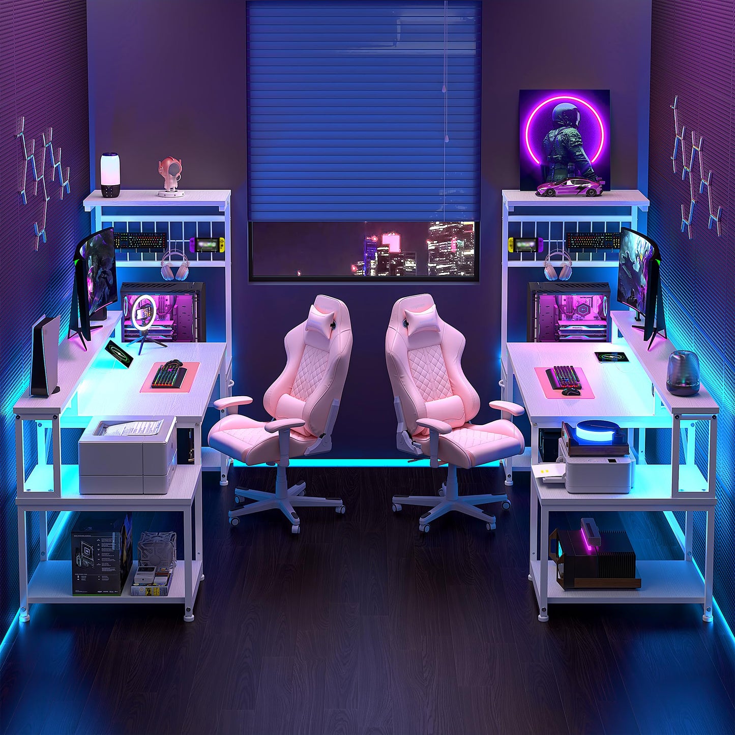 DurayLoly 63" Gaming Desk with LED Lights & Outlets,Computer Desk with Drawers & Monitor Stand,Gaming Table with Storage Shelves & Printer Space for Game Room,Home Office,Bedroom,White