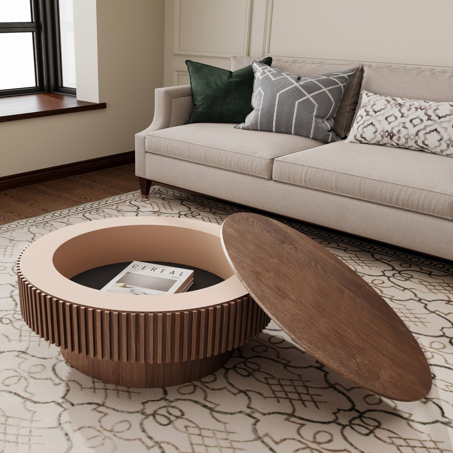 BSYEIO 31.5'' Round Coffee Table with Storage, Modern Luxury Circle Drum Center Tables with Solid Wood Veneered, Accent Side Coffee Table for Living Room, Bedroom, Apartment-Walnut