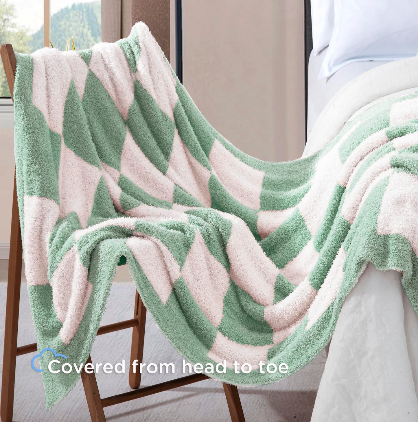 CLOUDS HUG Oversized King Checkered Blanket for Couch - Super Soft Extra Large Throw Blankets for Bed， Fluffy Fuzzy Plush Lightweight Cozy Blanket，120" x 120",Sage Green