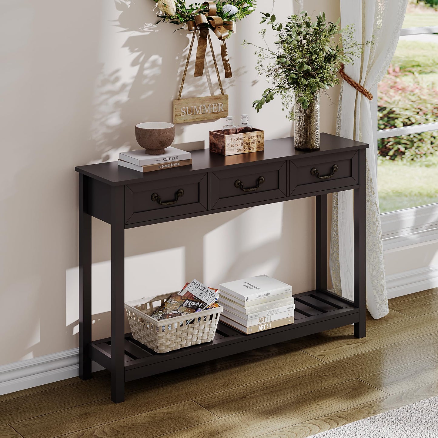 ChooChoo Console Table with 3 Drawers, Rustic Entryway Table, Narrow Long Sofa Table for Living Room, Hallway, Behind Couch, Black