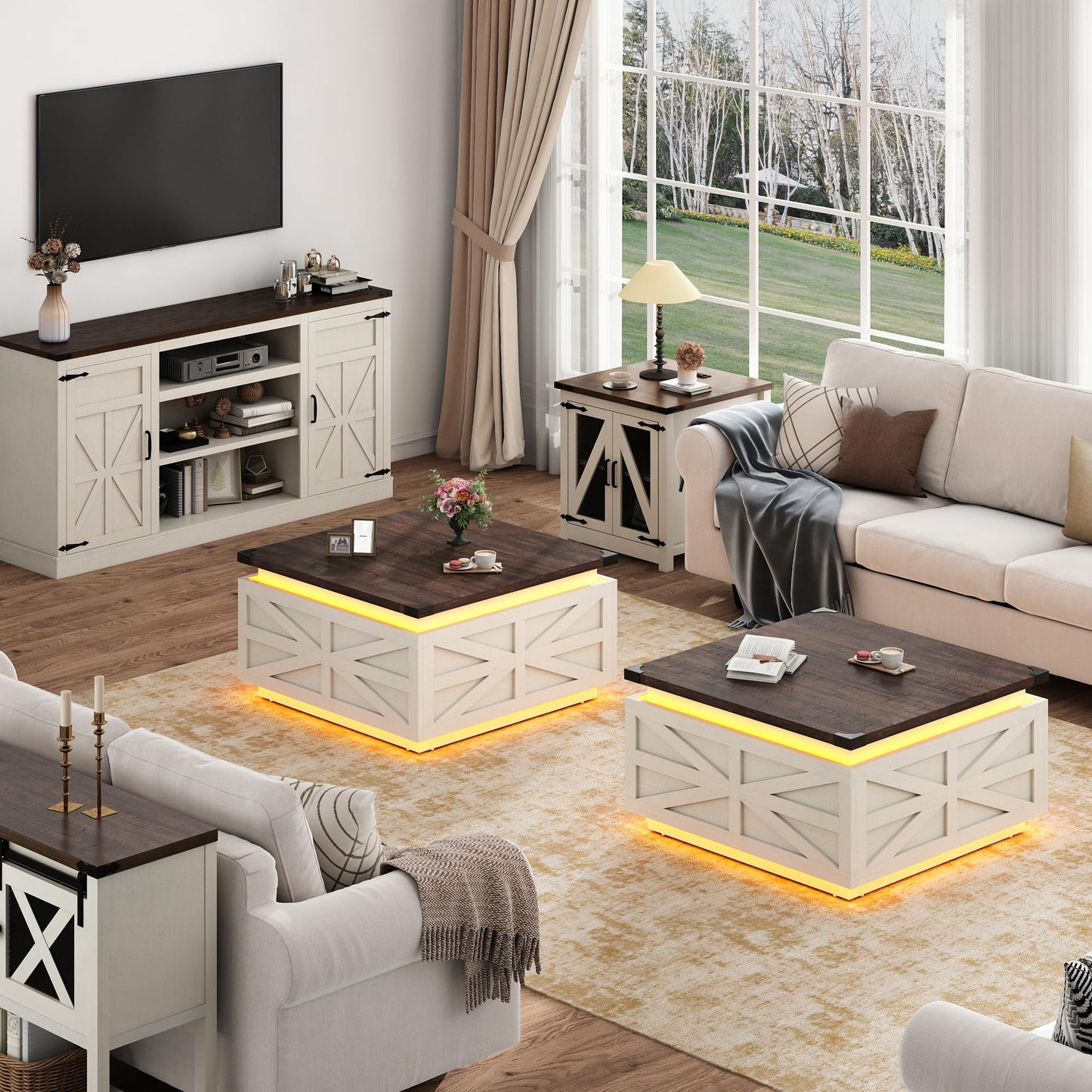 Large Farmhouse Lift Top Coffee Table with Hidden Storage Compartment, Wood Square Center Table with Charging Station&USB Ports for Living Room, White