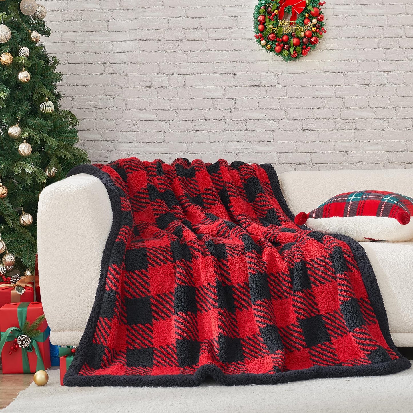 Cozy Bliss Ultra Soft Reversible Double Sherpa Sided Blanket, Buffalo Plaid Throw Blanket Fluffy Thick Warm Plush Fuzzy Blanket for Couch, Bed and Gifts (Red/Black Buffalo Check, 50" x 60")