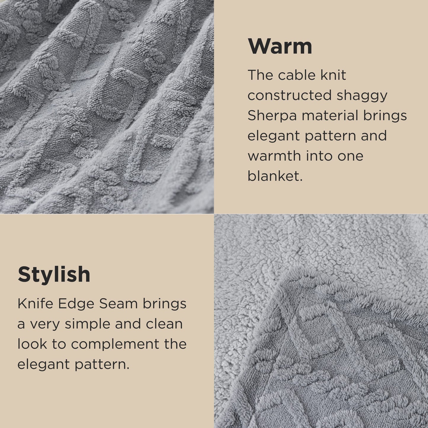 Bedsure Sherpa King Size Blanket for Bed- Fleece Soft Cozy Fuzzy Cable Blankets for Women, Thick Warm for Winter and All Seasons, Grey, 108x90 Inches