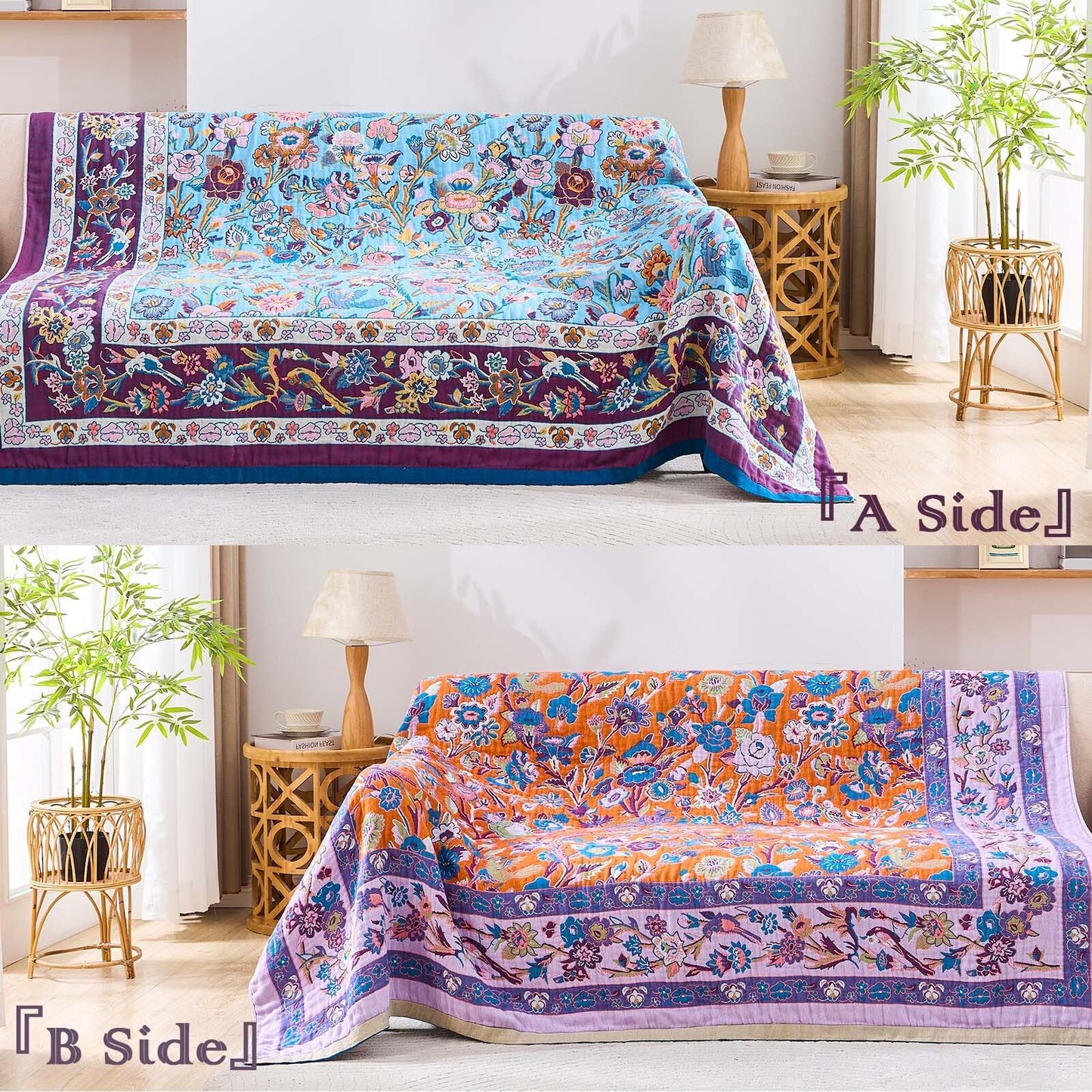 XIBLC Fall Blanket for Bed, 100% Cotton Soft Rustic Boho Throw Blanket Quilt, 50"x60" Farmhouse Decor Bed Flower Blankets, Light Weight Reversible Bohemian Throw Quilt