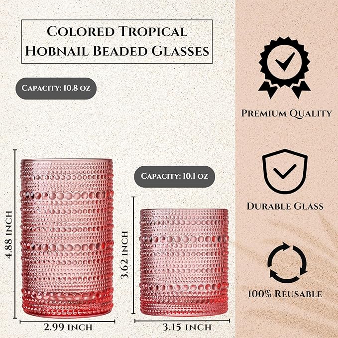 Hobnail Beaded Highball Drinking Tumbler Glasses | Set of 10 | Color, Vintage Bubble Design Whiskey Glassware, Old-Fashioned, Embossed Design, Water, Wine, Cocktail Embossed Heavy Glass, Rocks Glass