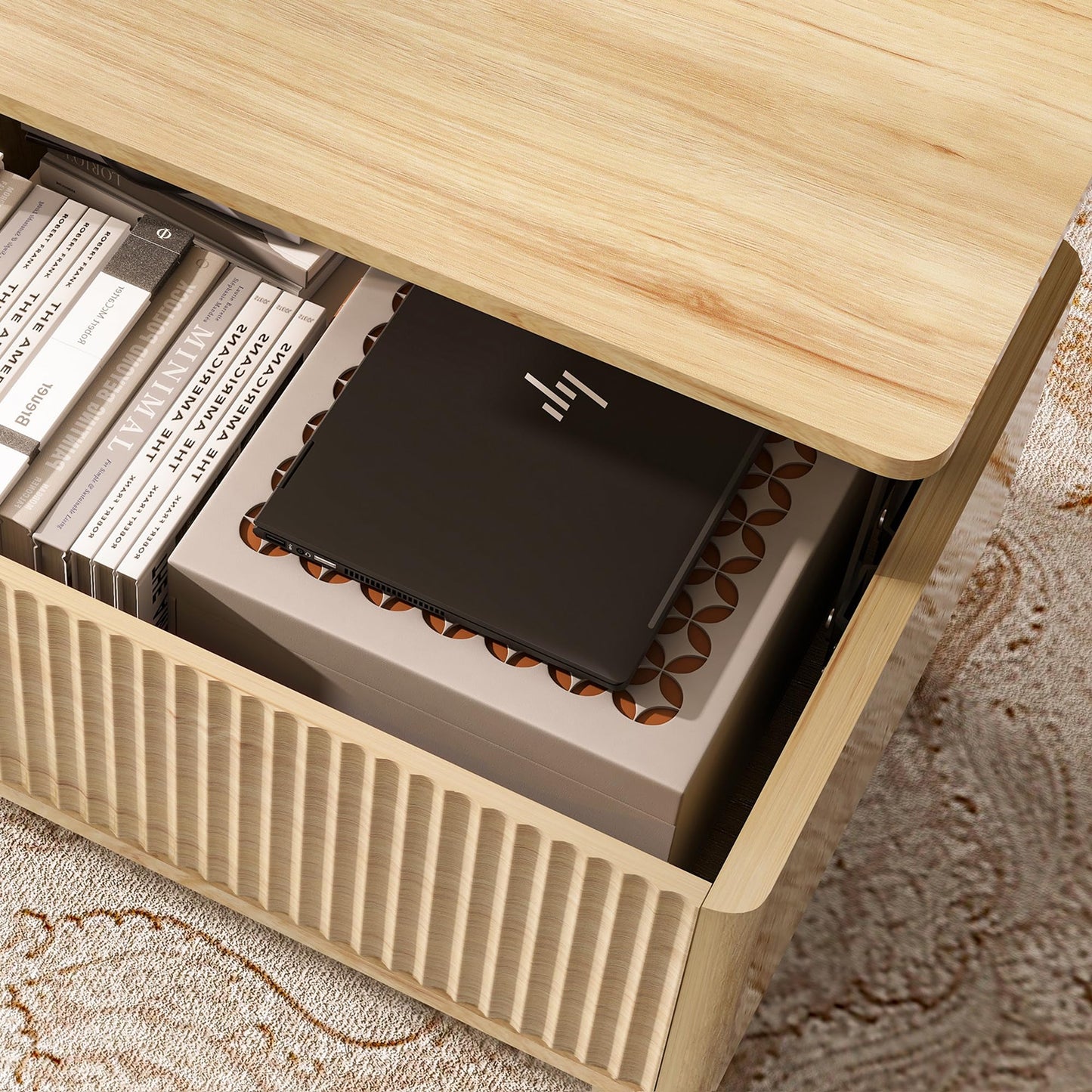 LYNCOHOME Fluted Lift Top Coffee Table with Hidden Compartment, Modern Center Table for Living Room, Home Office, Natural