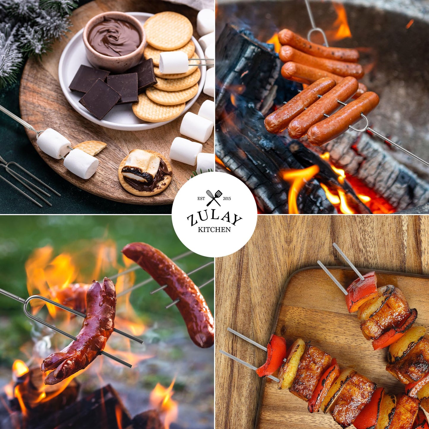 Zulay Kitchen 6 Pack Smores Sticks for Fire Pit - Long Marshmallow Roasting Sticks Smores Kit - Perfect Smore Skewers & Hot Dog Forks For Campfires, Camping Essentials S'mores Gear (Extendable Sticks)