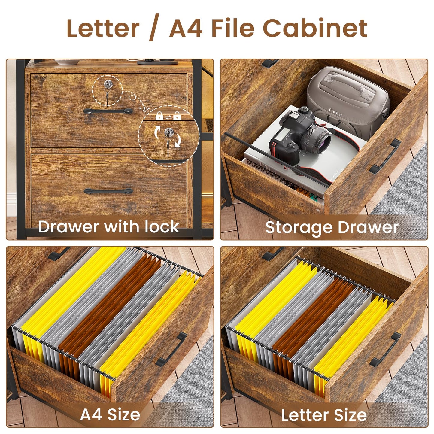 SEDETA 35.4” File Cabinet, Filing Cabinet fits Letter/A4 Size, 2 Drawe File Cabinets for Home Office with Power Strip, LED Lights, Lock, Open Shelf, Rustic Brown