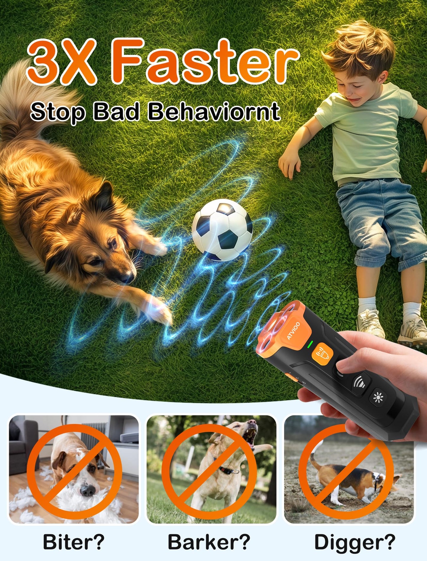 ATVIOO Dog Bark Deterrent Device - Ultrasonic Anti-Barking Devices with 3X Sonic Emitters, Up to 50FT Long Range & Rechargeable Bark Control - Safe for Dogs Training - Indoor & Outdoor (Black)