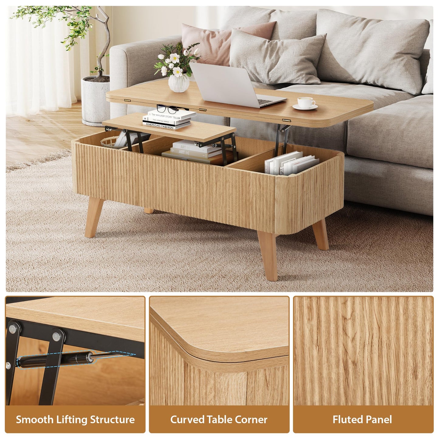 3 in 1 Lift Top Coffee Table, Fluted Convertible Coffee Tables Converts to Dining Tables, Modern Oval Wooden Center Table with Storage for Living Room Office Small Space, Partial Assembly (Natural)