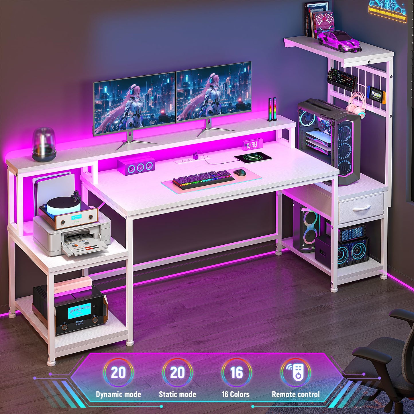 DurayLoly 63" Gaming Desk with LED Lights & Outlets,Computer Desk with Drawers & Monitor Stand,Gaming Table with Storage Shelves & Printer Space for Game Room,Home Office,Bedroom,White