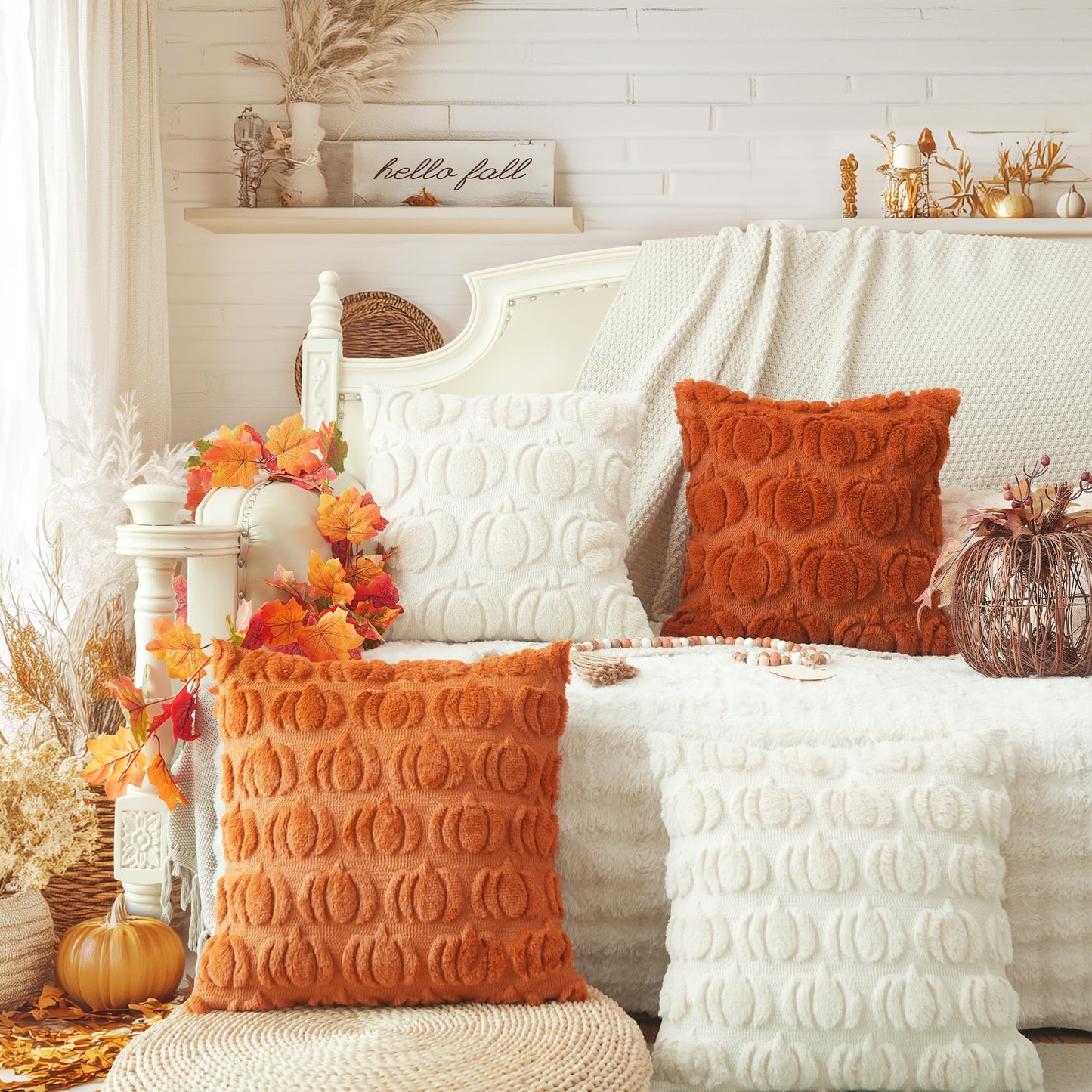 GEEORY Fall Pillow Covers 18 x 18 Inch Set of 2, Fall Decorations Pumpkins Soft Plush Fluffy Faux Fur Wool Decorative Autumn Thanksgiving Farmhouse Cushion Case for Sofa Beige GC002-18