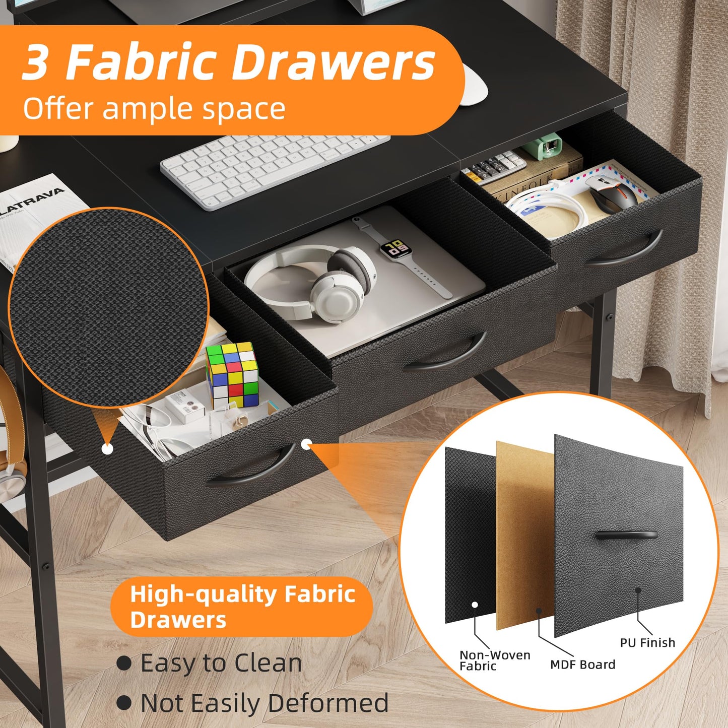 HIGDBFE Small Computer Desk 30 Inch with 3 Fabric Drawers, Office Desk with LED and Monitor Stand, Gaming Desk with Hooks for Small Space, Study Writing Table for Kids Bedroom, Black