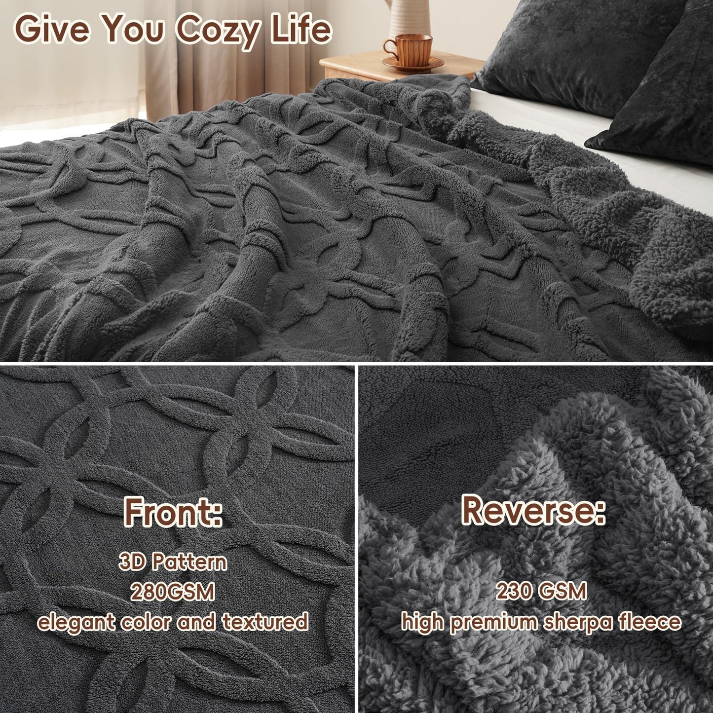 PHF Soft Sherpa Fleece Blanket King Size for Bed, 510GSM Fleece Lightweight Yet Warm Blanket, No Shed No Pilling, 108" x 90", Tufted Jacquard Cozy Thick Bed Throw for Home Decor, Dark Grey